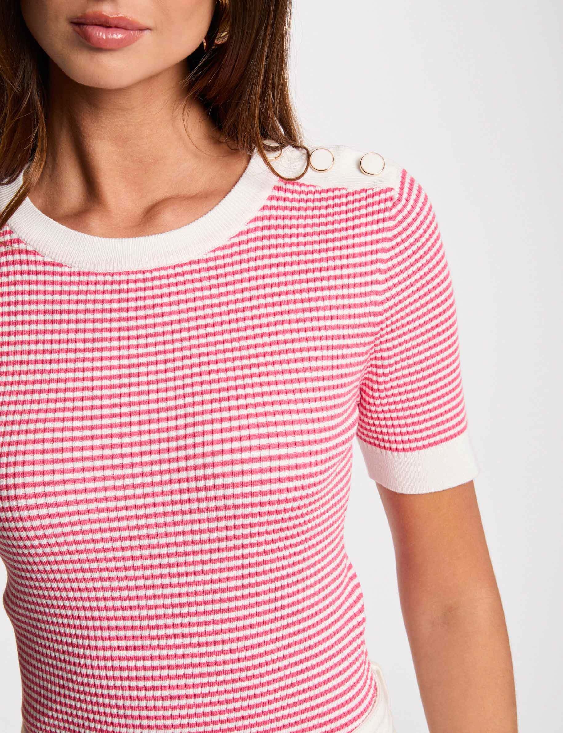Gestreepte trui met ronde hals fuchsia roze vrouw