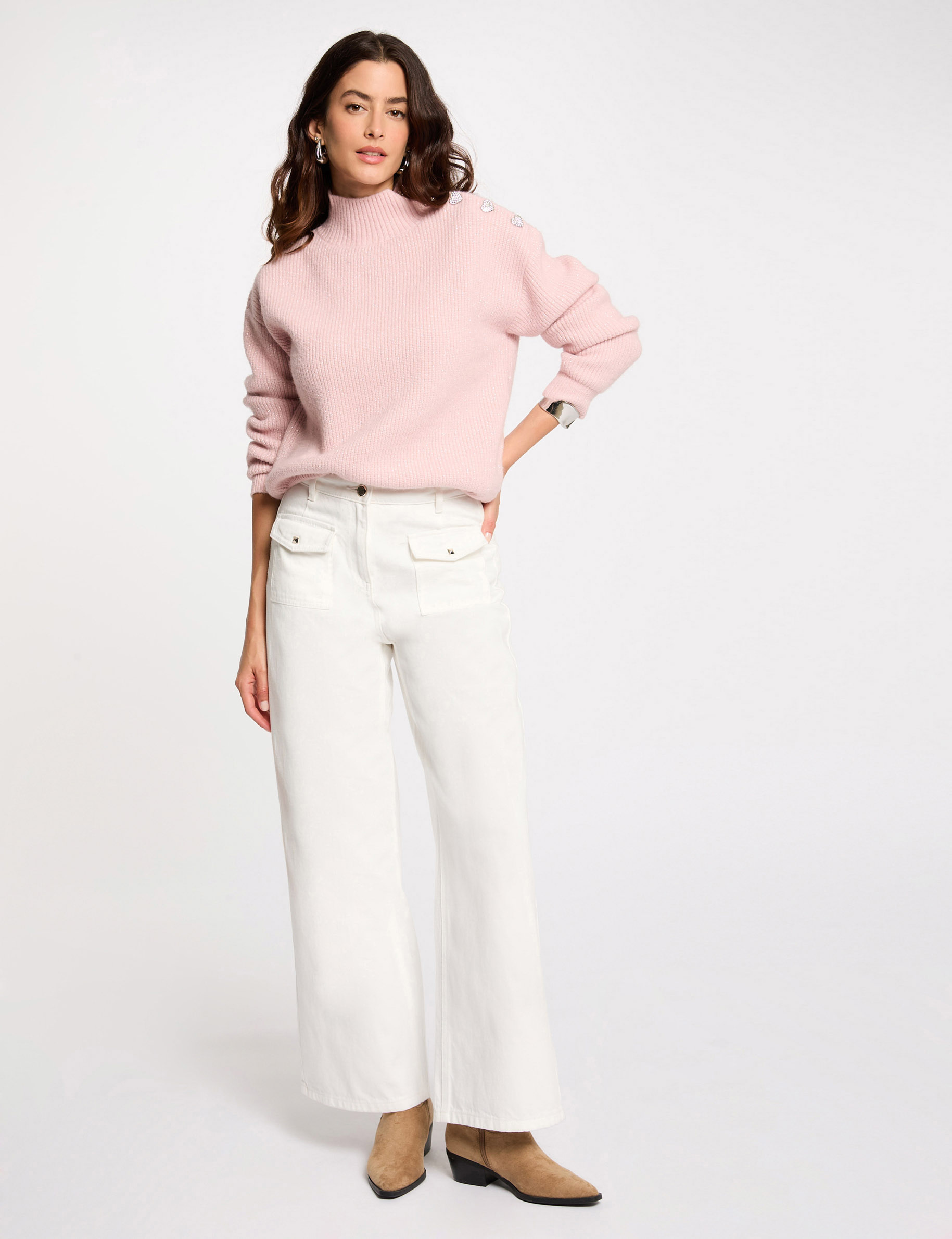pull manches longues avec boutons rose clair femme Pull manches longues avec boutons rose clair femme