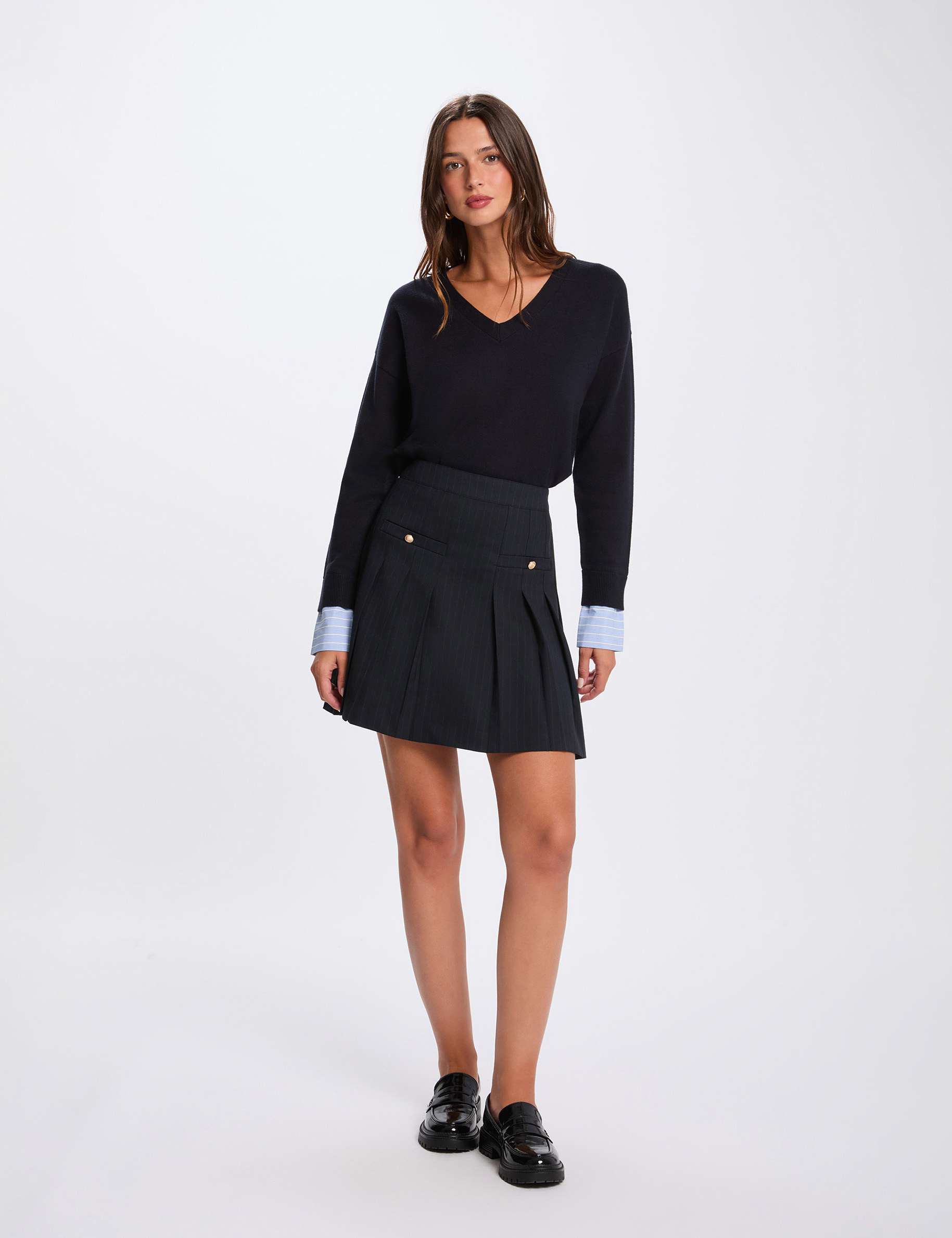 Pull col en V bleu marine femme