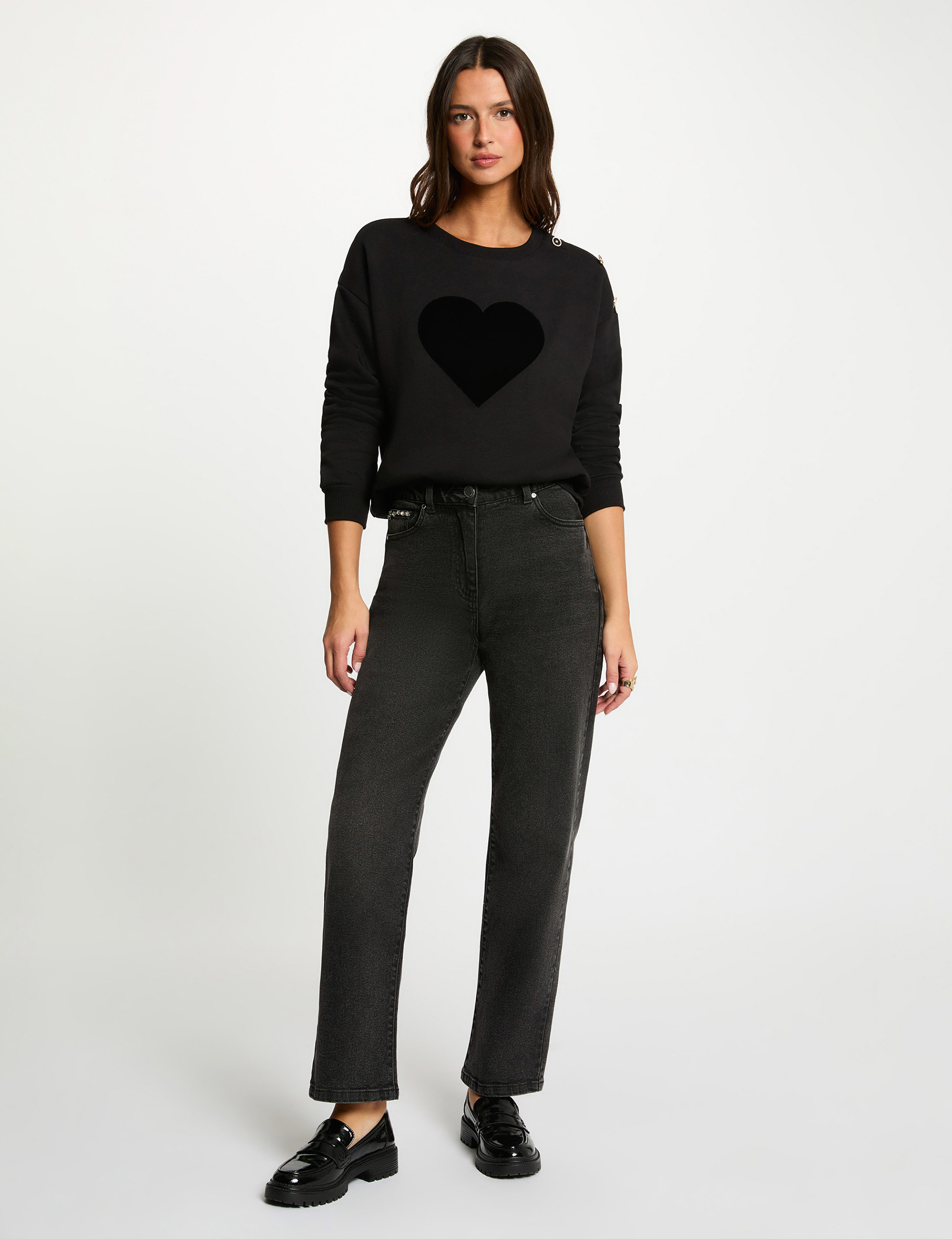 sweat imprime col rond noir femme Sweat imprimé col rond noir femme