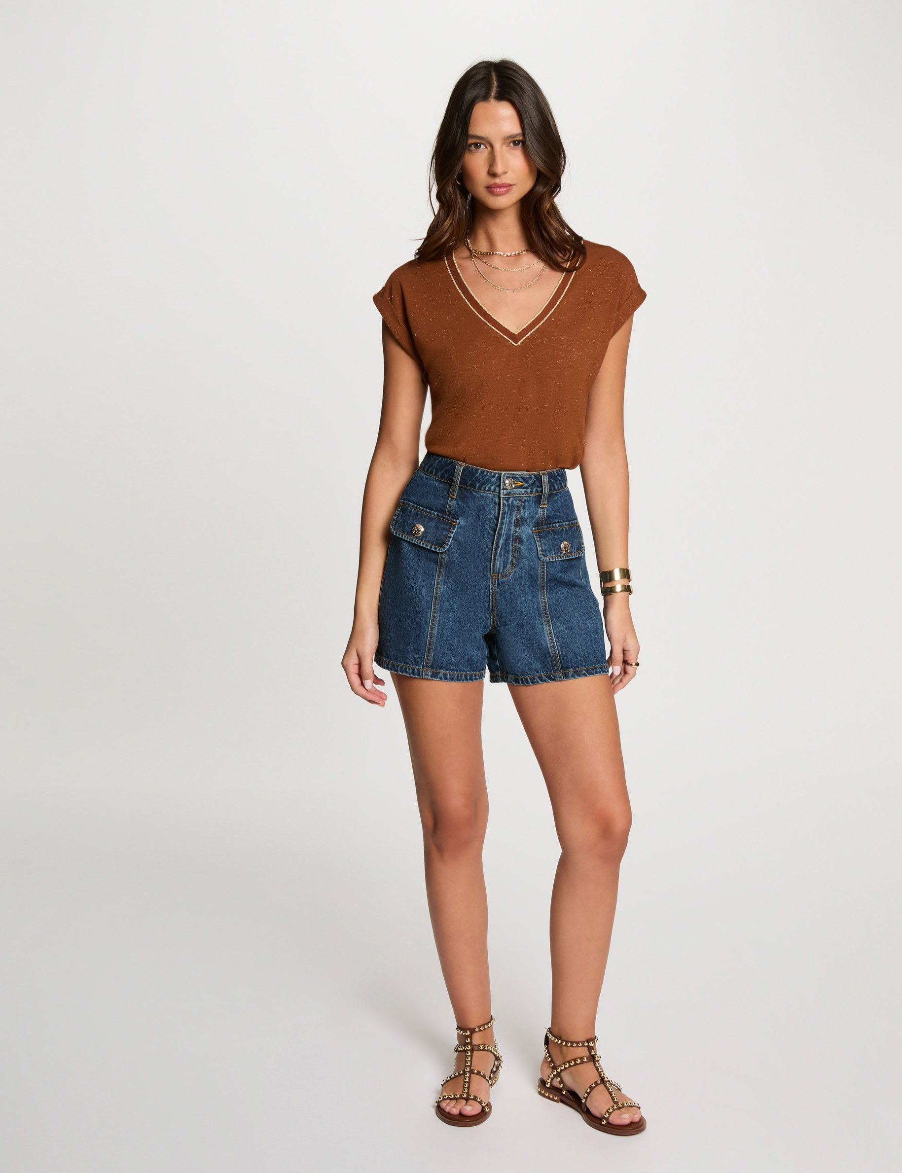 T-shirt met korte mouwen cognacbruin vrouw
