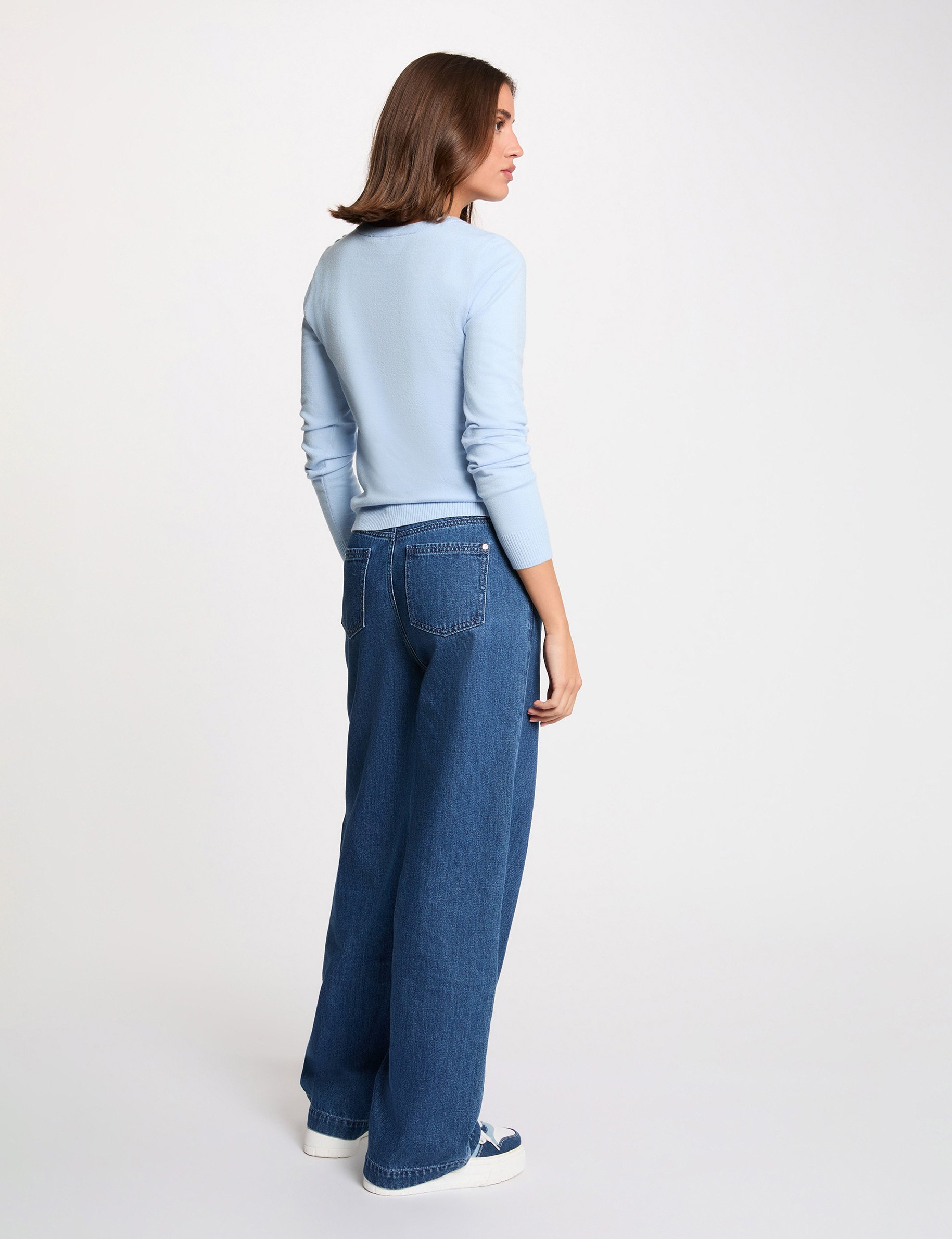 Trui met ronde hals en knopen hemelsblauw vrouw