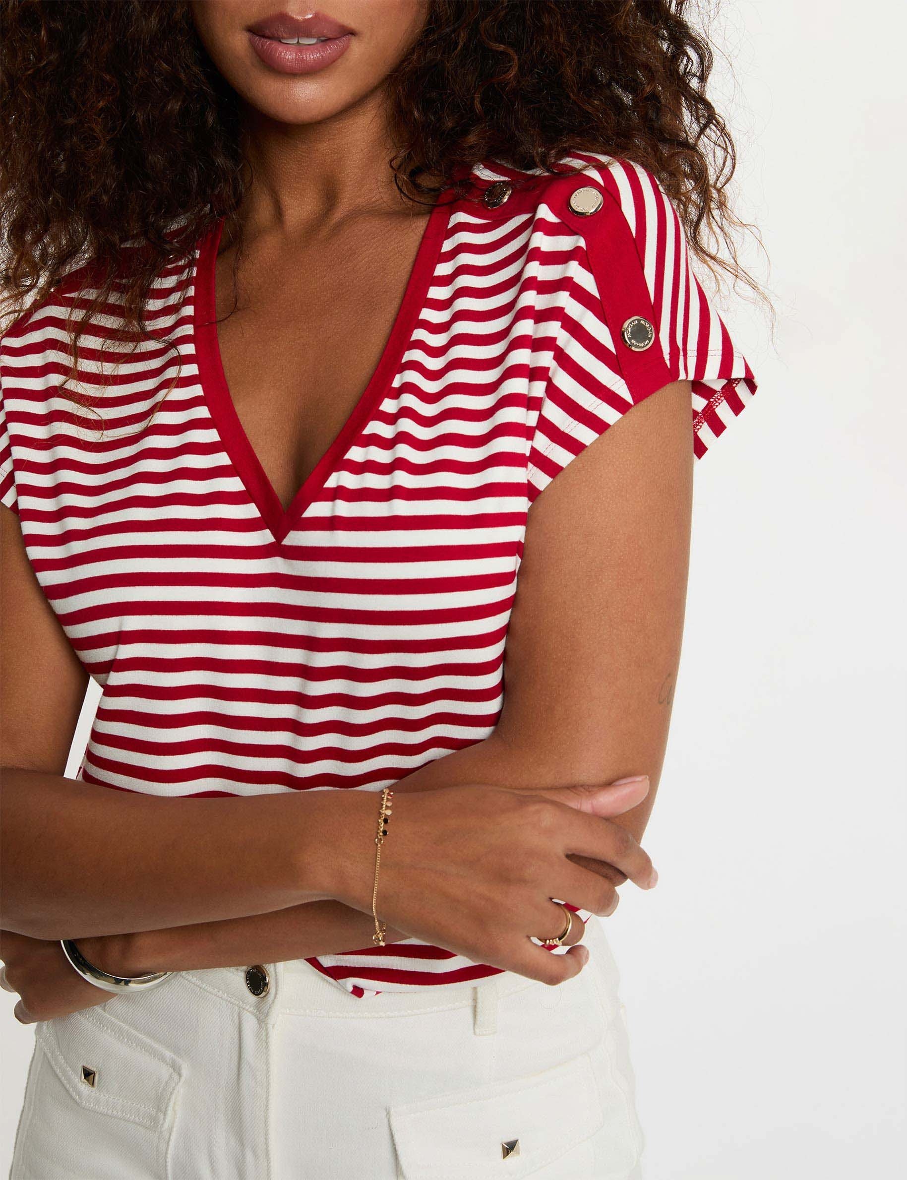 Gestreept V-hals T-shirt helder wit vrouw