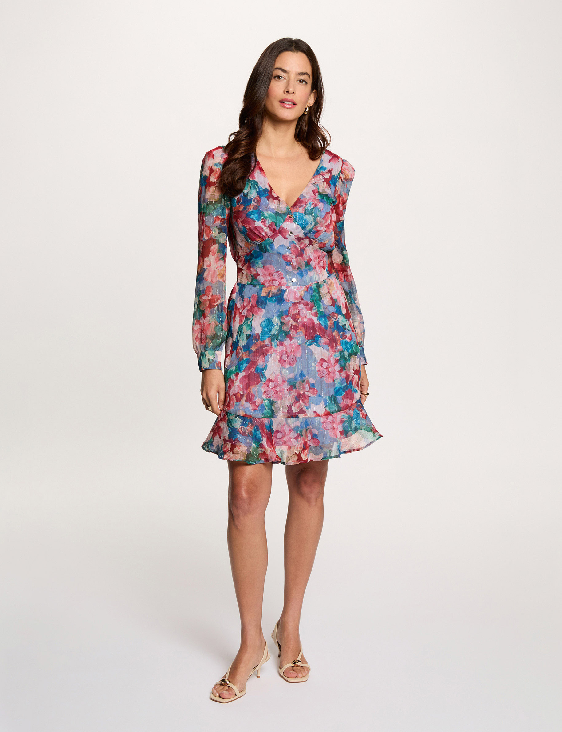 Robe courte col v multicolore femme