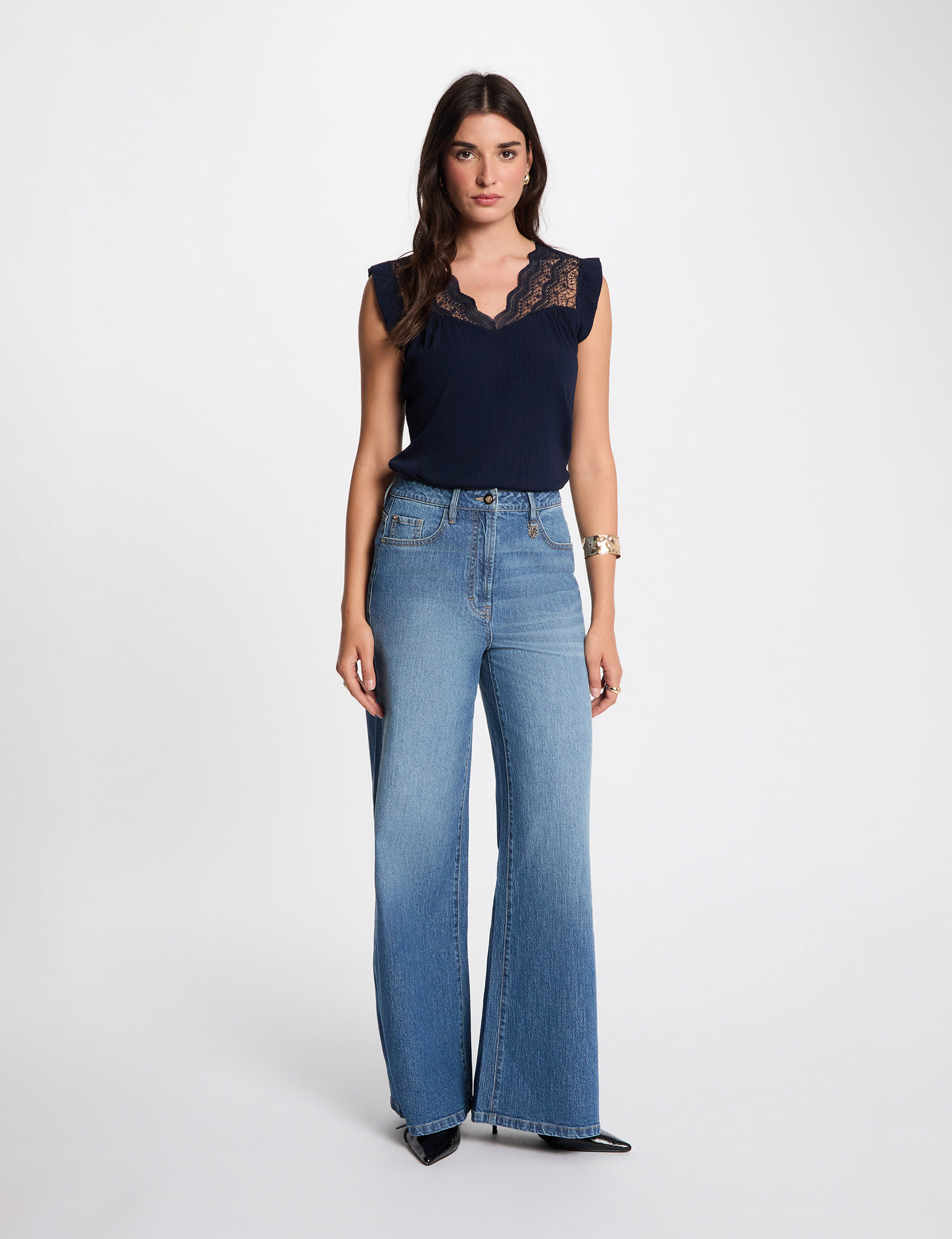 Top pliss&eacute; avec dentelle bleu marine femme