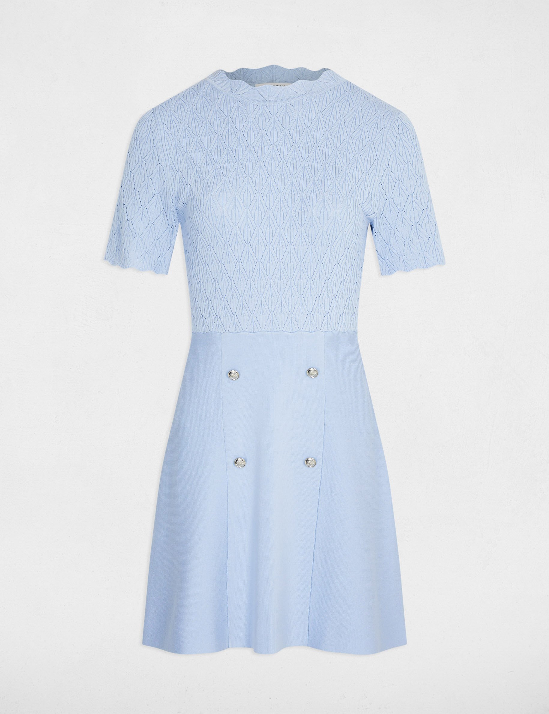 Robe tricot courte col rond bleu ciel femme