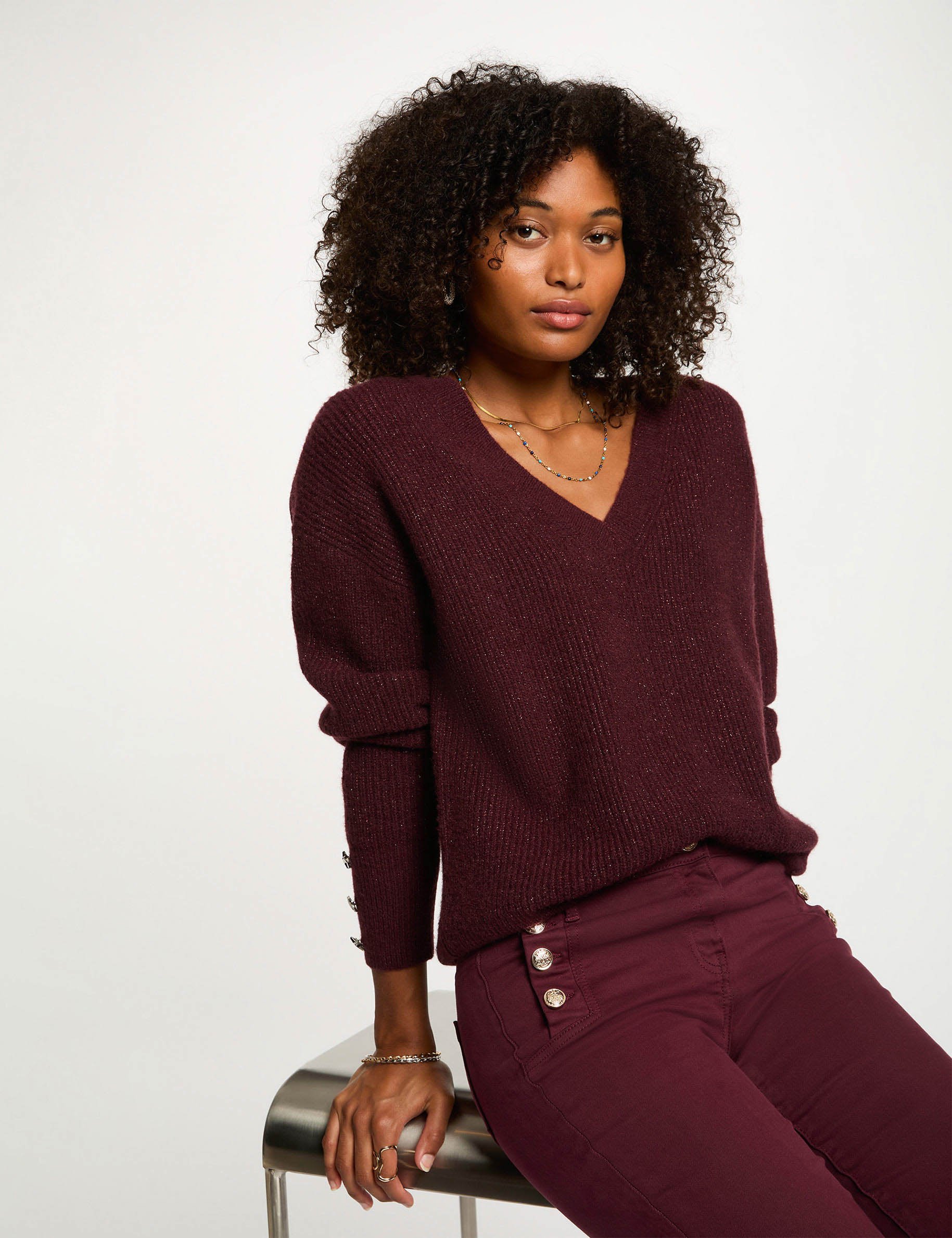 Pull col en V oversize prune femme