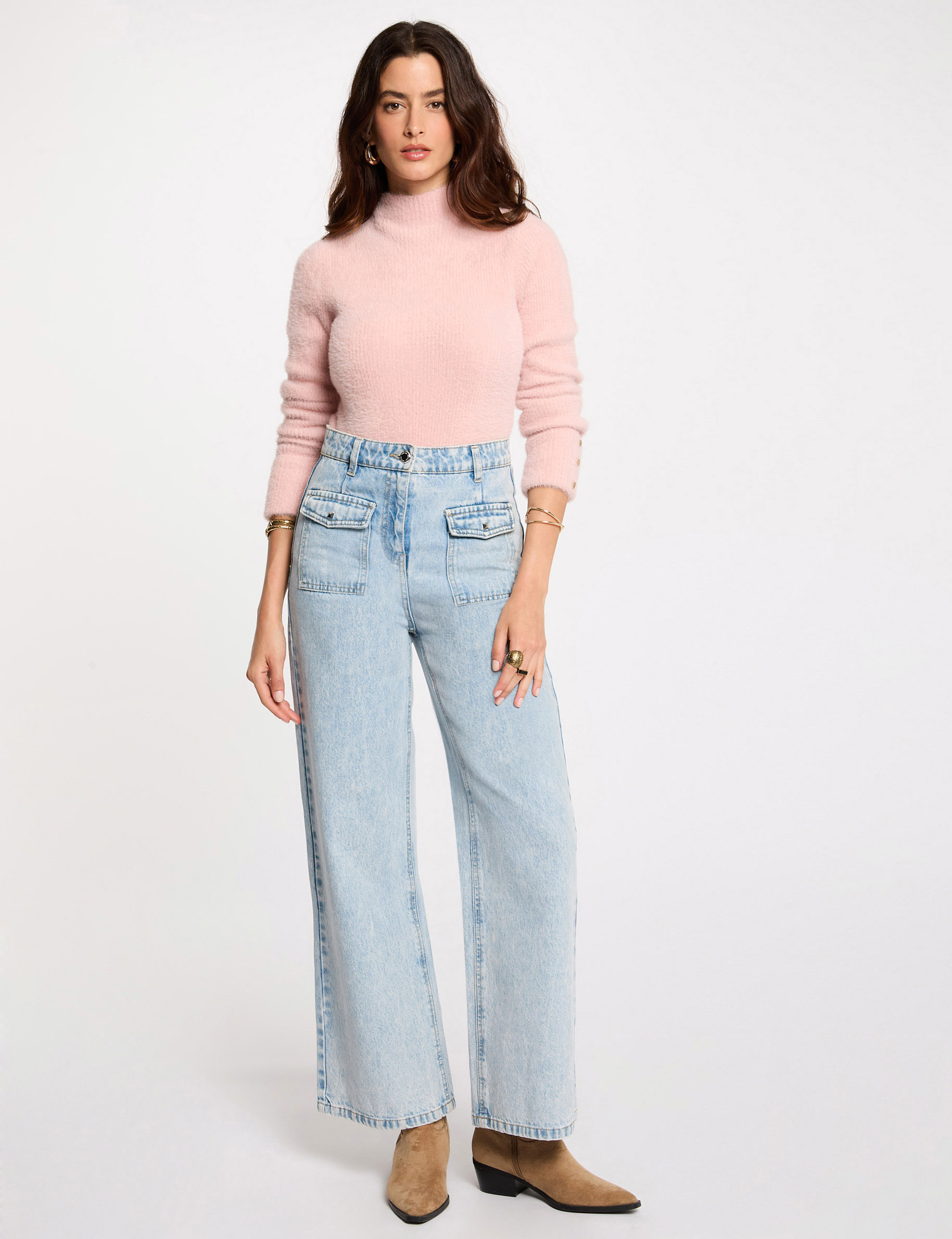 Pull manches longues maille duveteuse rose clair femme