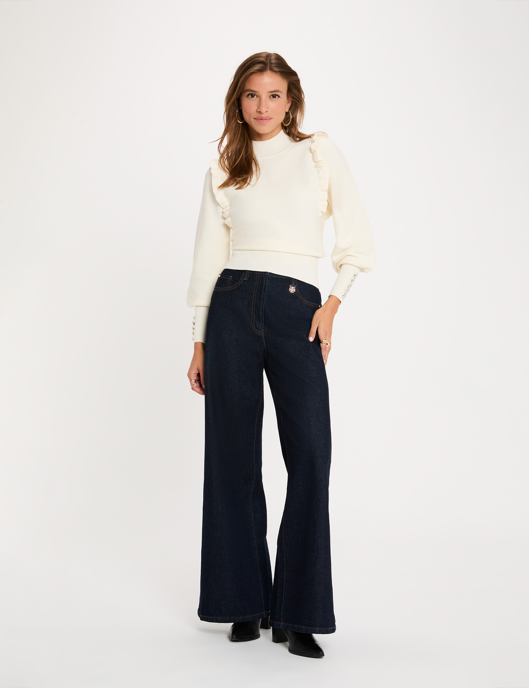Pull manches longues avec volants ivoire femme