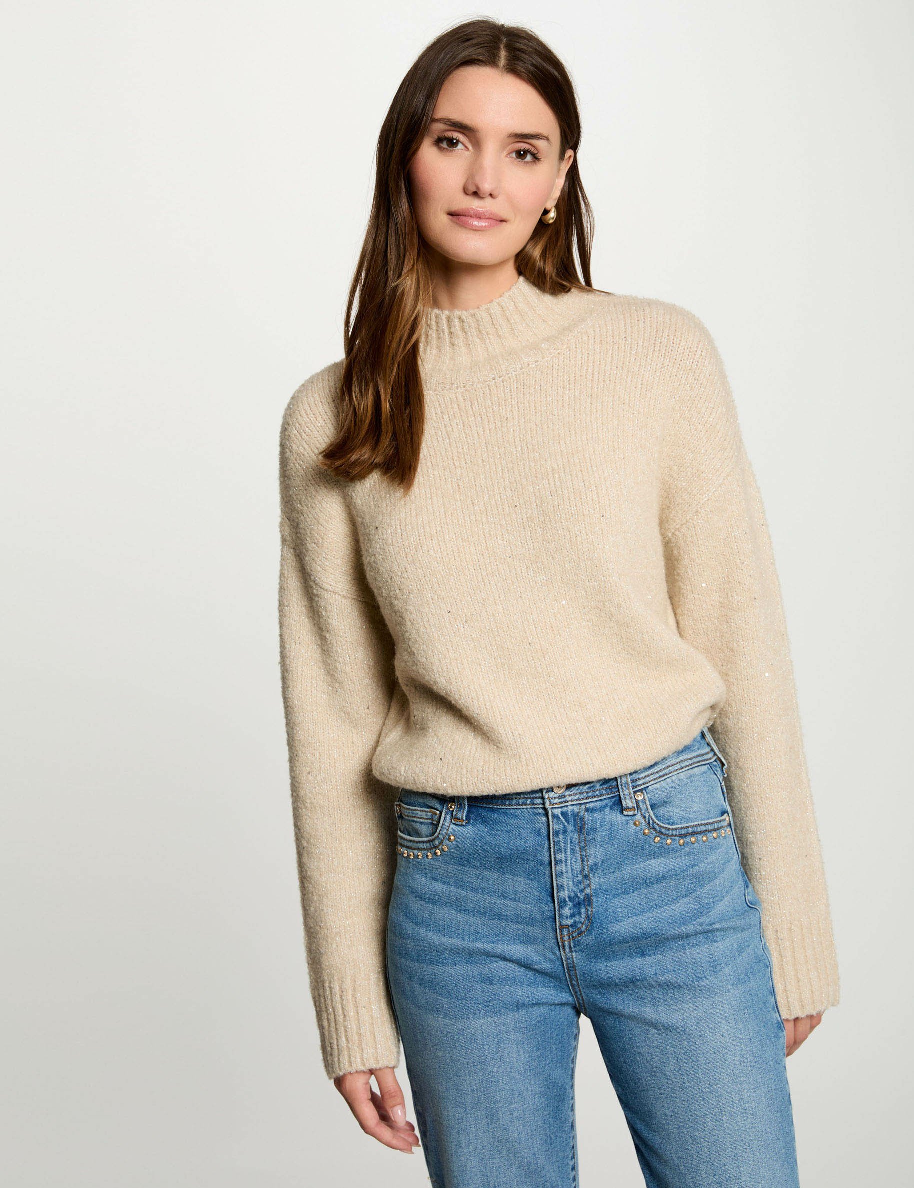 pull col montant et sequins beige femme Pull col montant et sequins beige femme