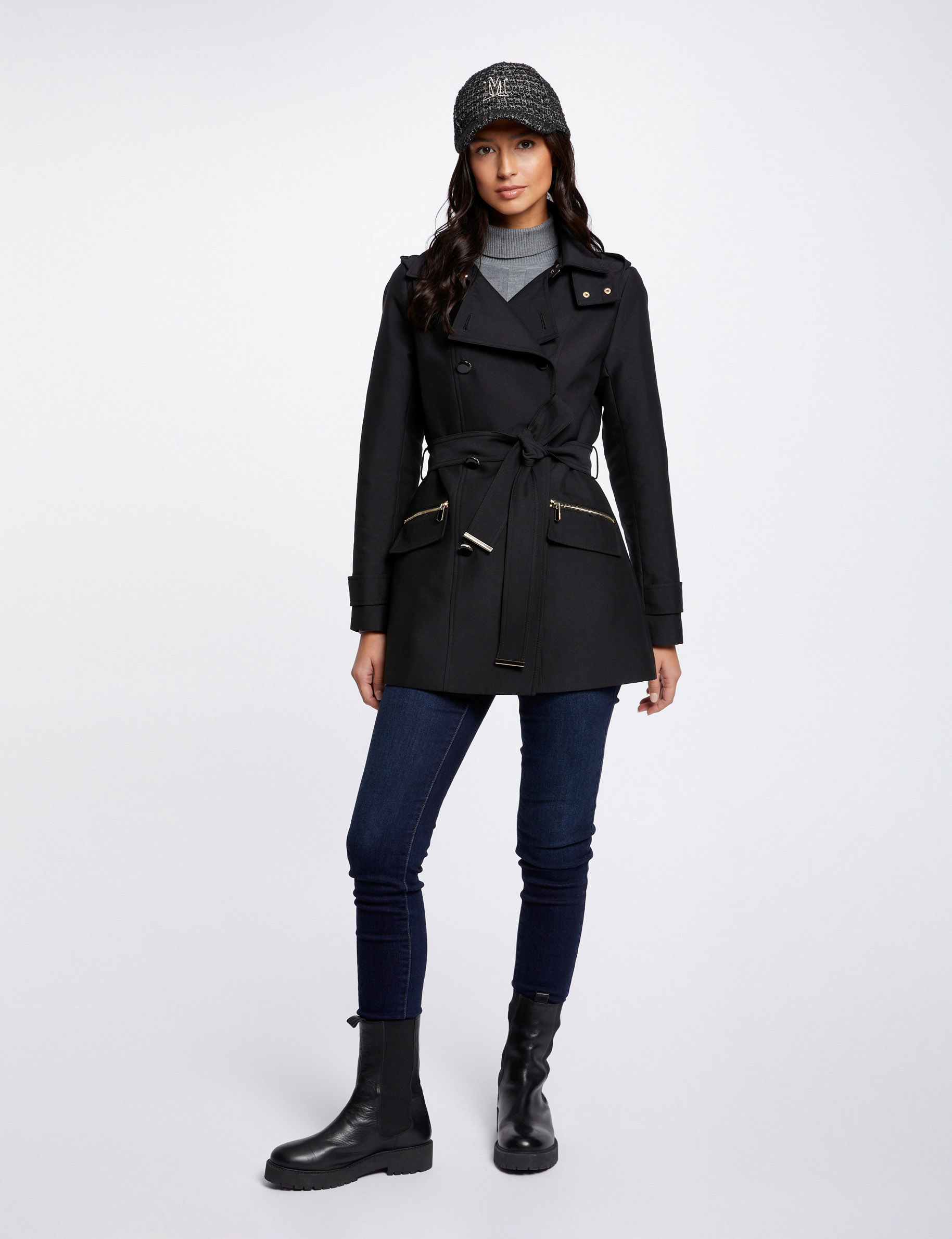 trench cintre ceinture a capuche noir femme Trench cintré ceinturé à capuche noir femme