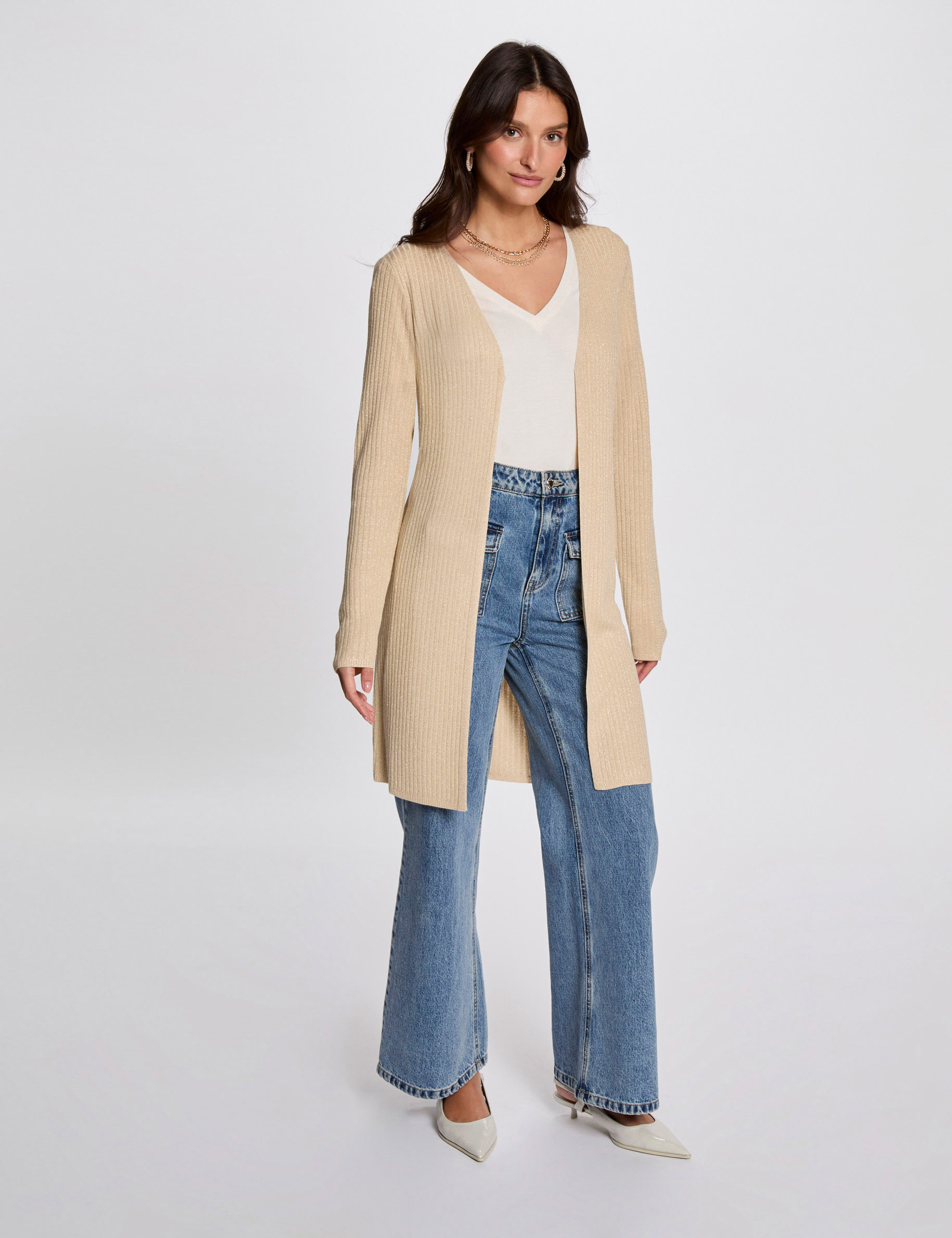 lang vest met v hals goudgeel vrouw Lang vest met V-hals goudgeel vrouw