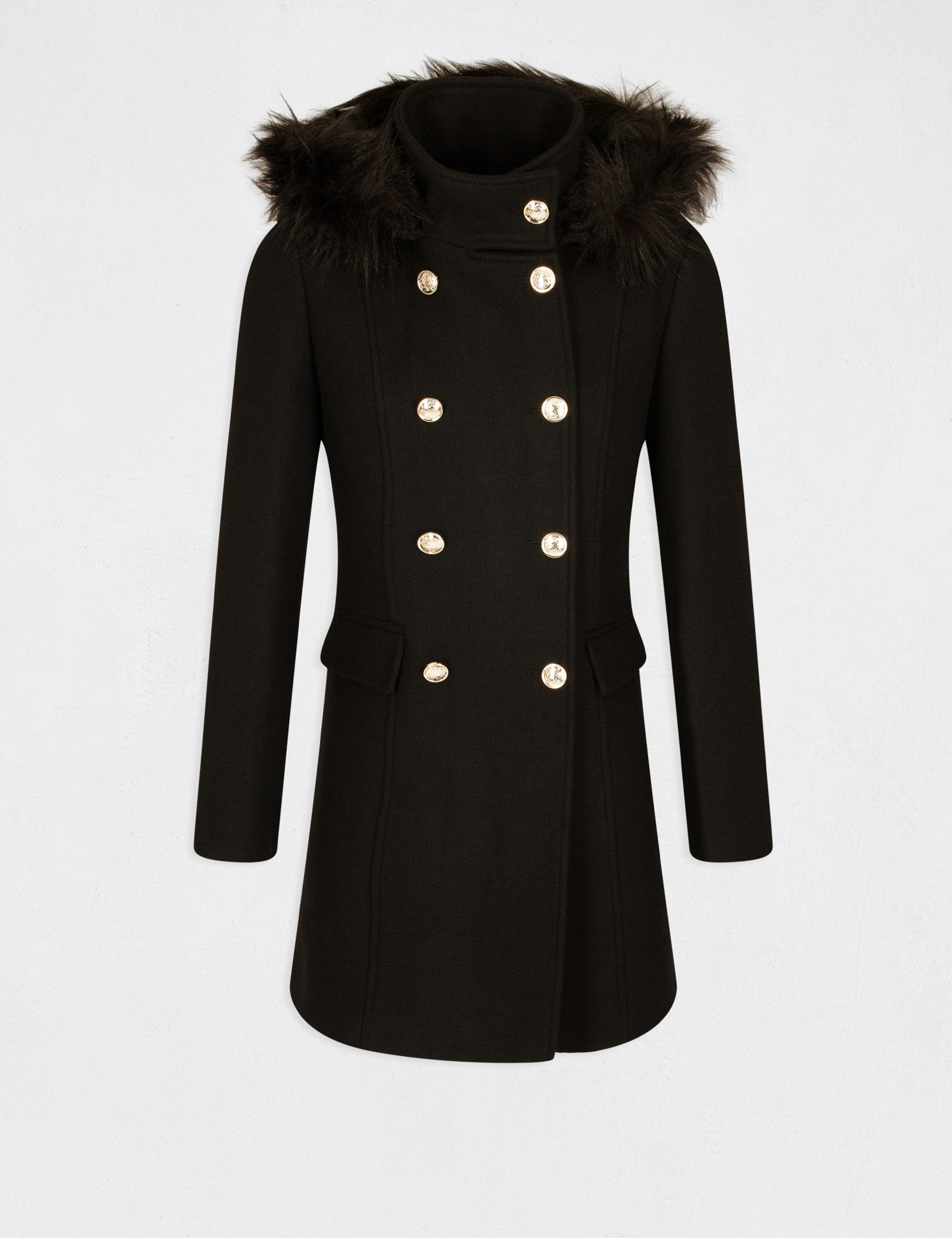Manteau ample boutonné à capuche noir femme
