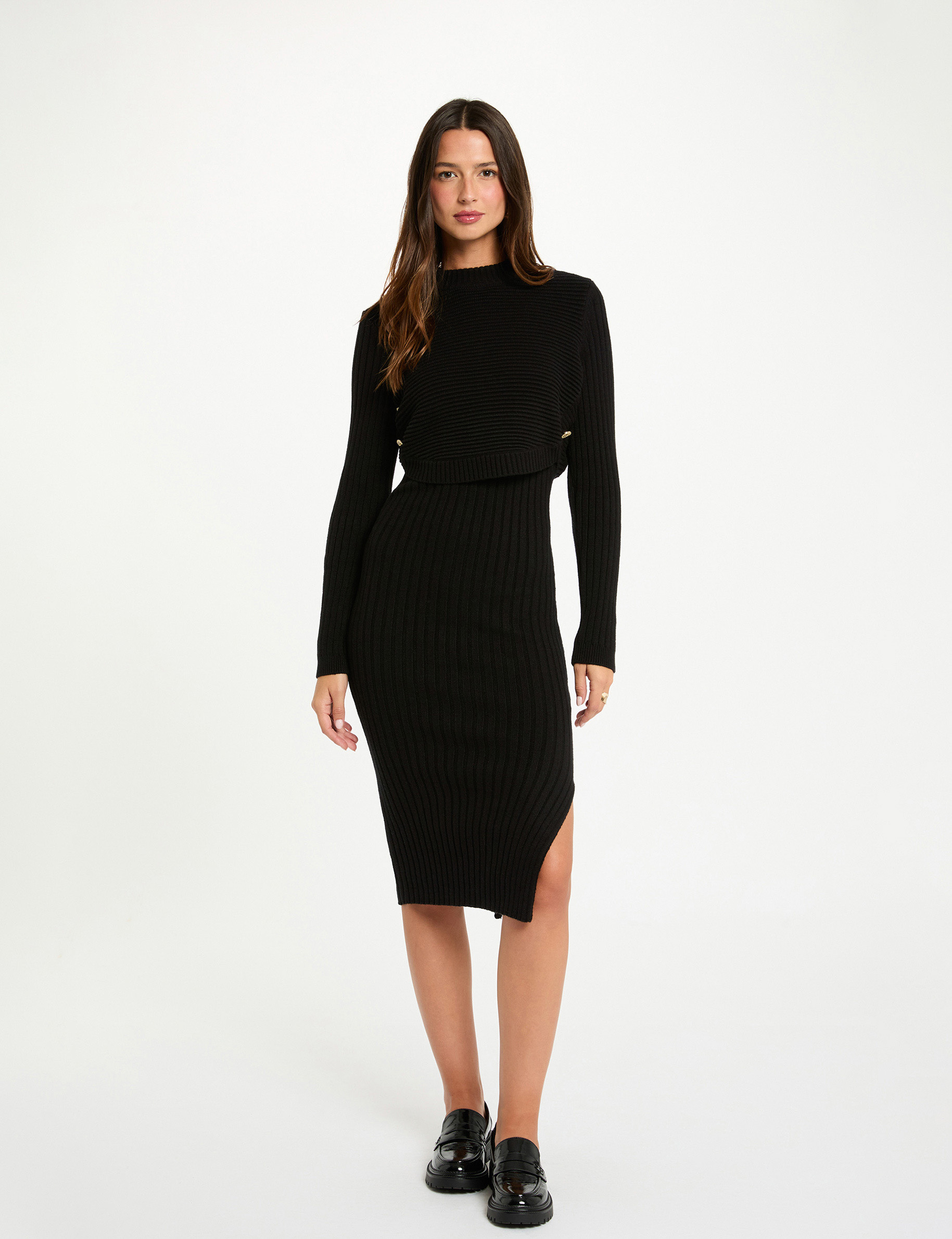 Robe tricot cintr&eacute;e manches longues noir femme