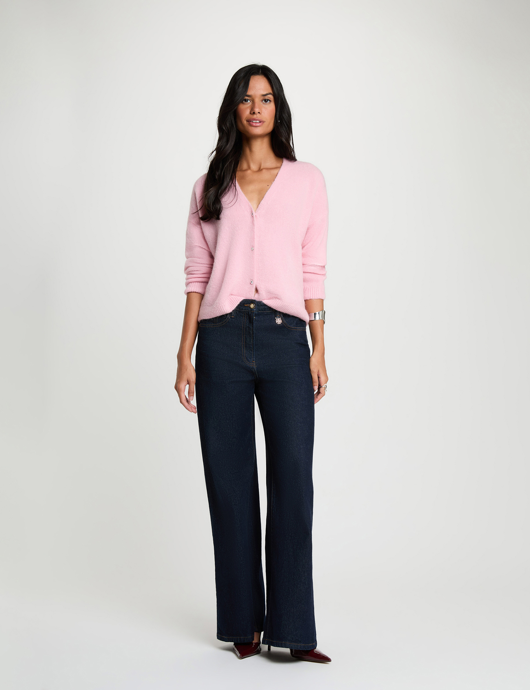 Gilet tricot col v rose pastel femme