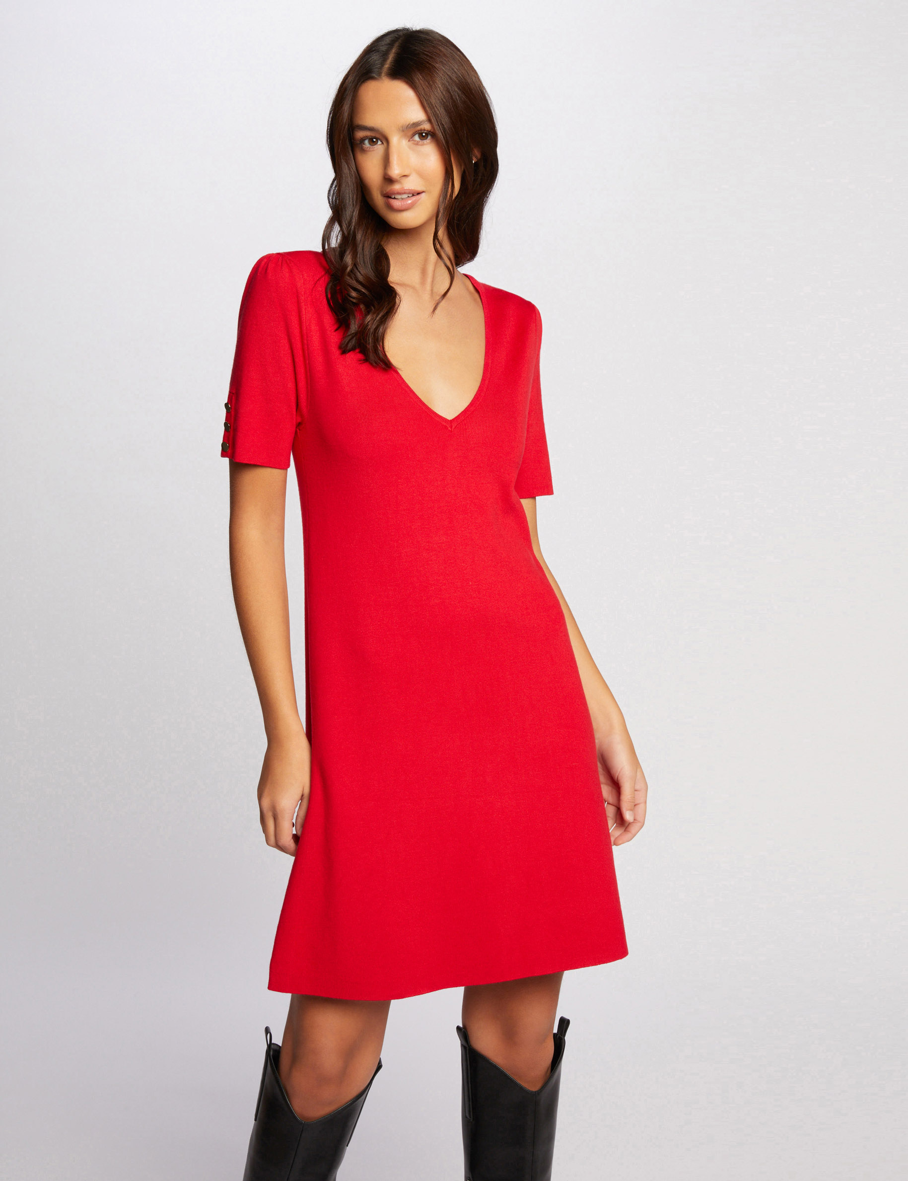 Robe tricot longueur genou droite rouge femme