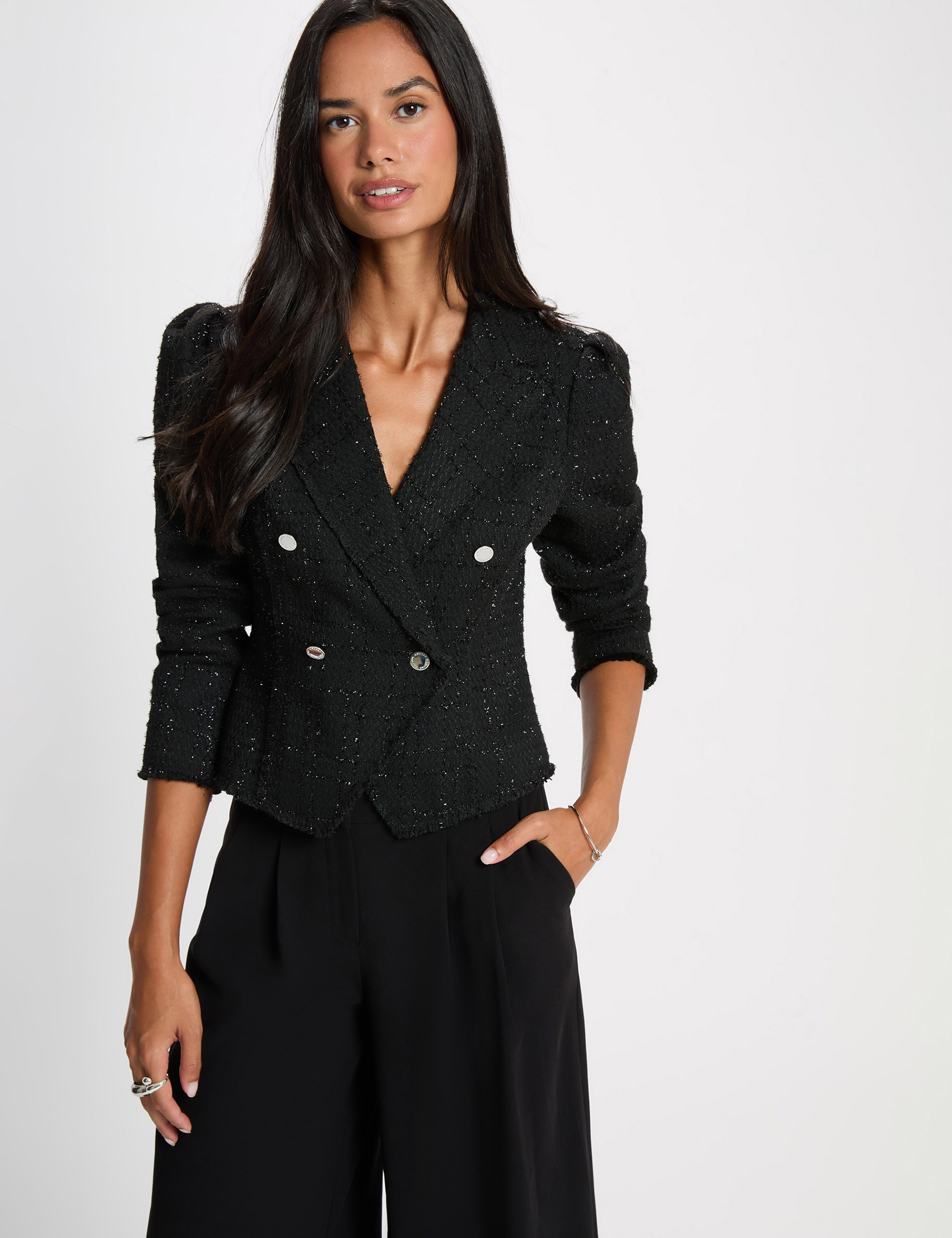 Veste tweed cintr&eacute;e noir femme