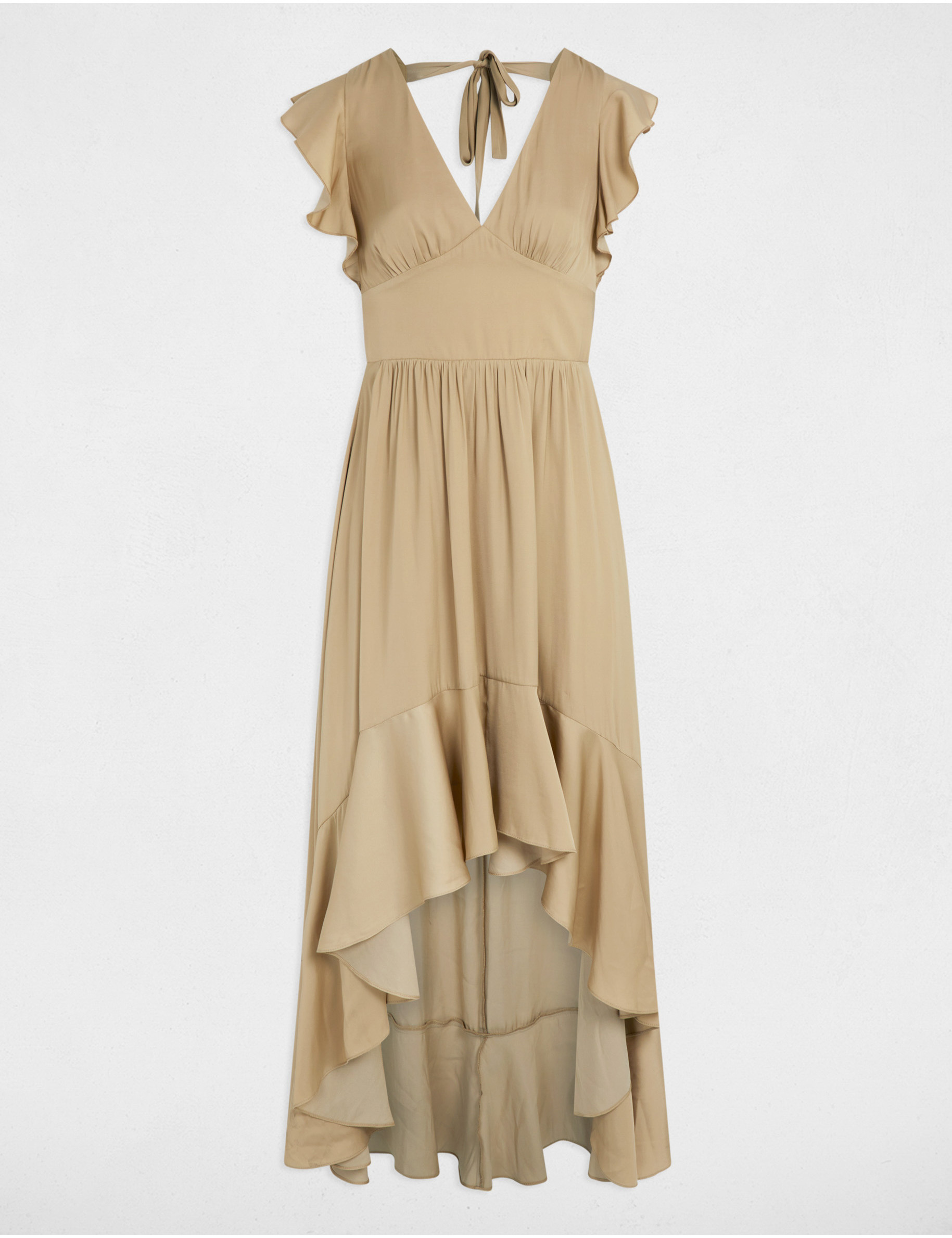 lange rechte jurk met satijnlook beige vrouw Lange rechte jurk met satijnlook beige vrouw