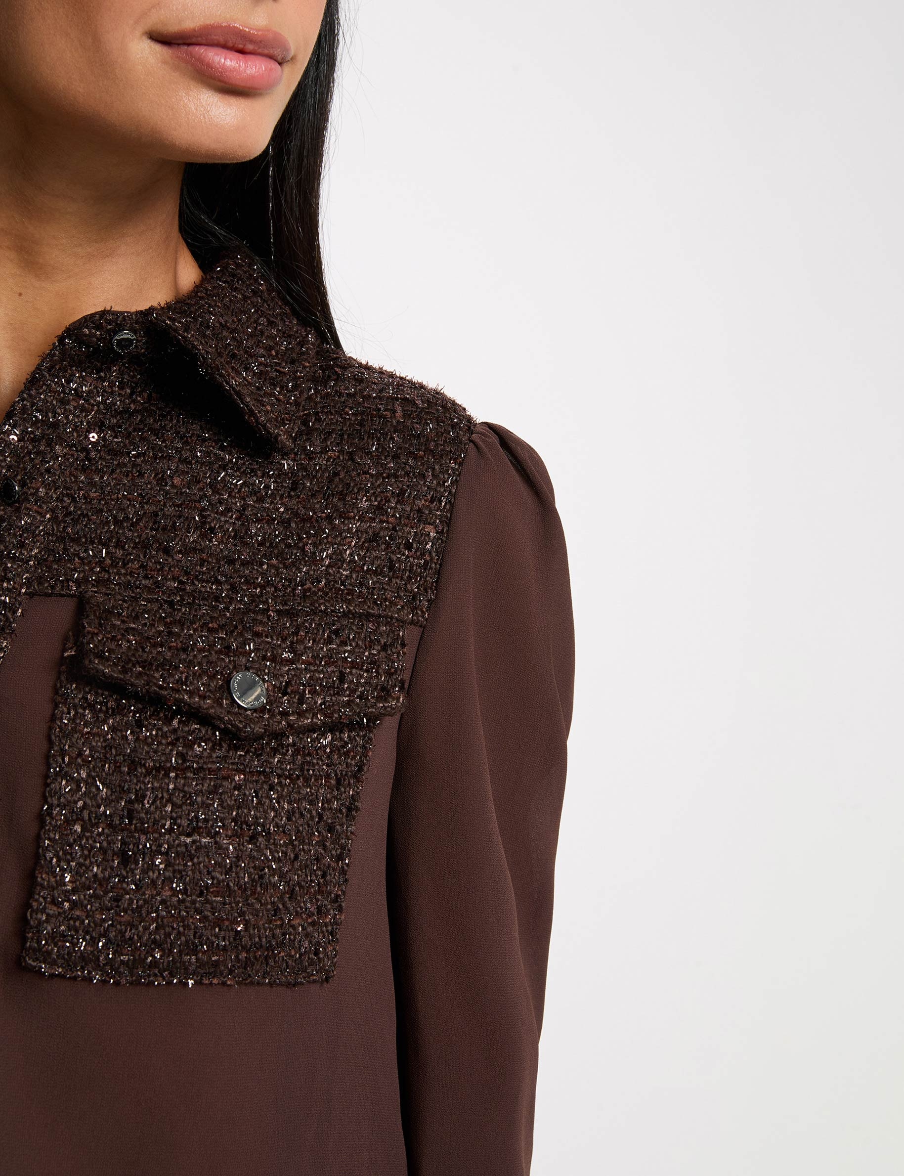 Tweed overhemd met reverskraag donker bruin vrouw