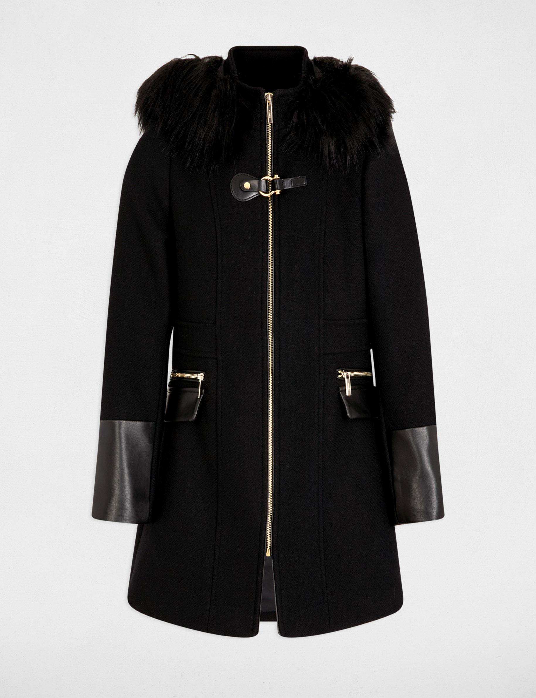 Manteau droit zippé à capuche noir femme