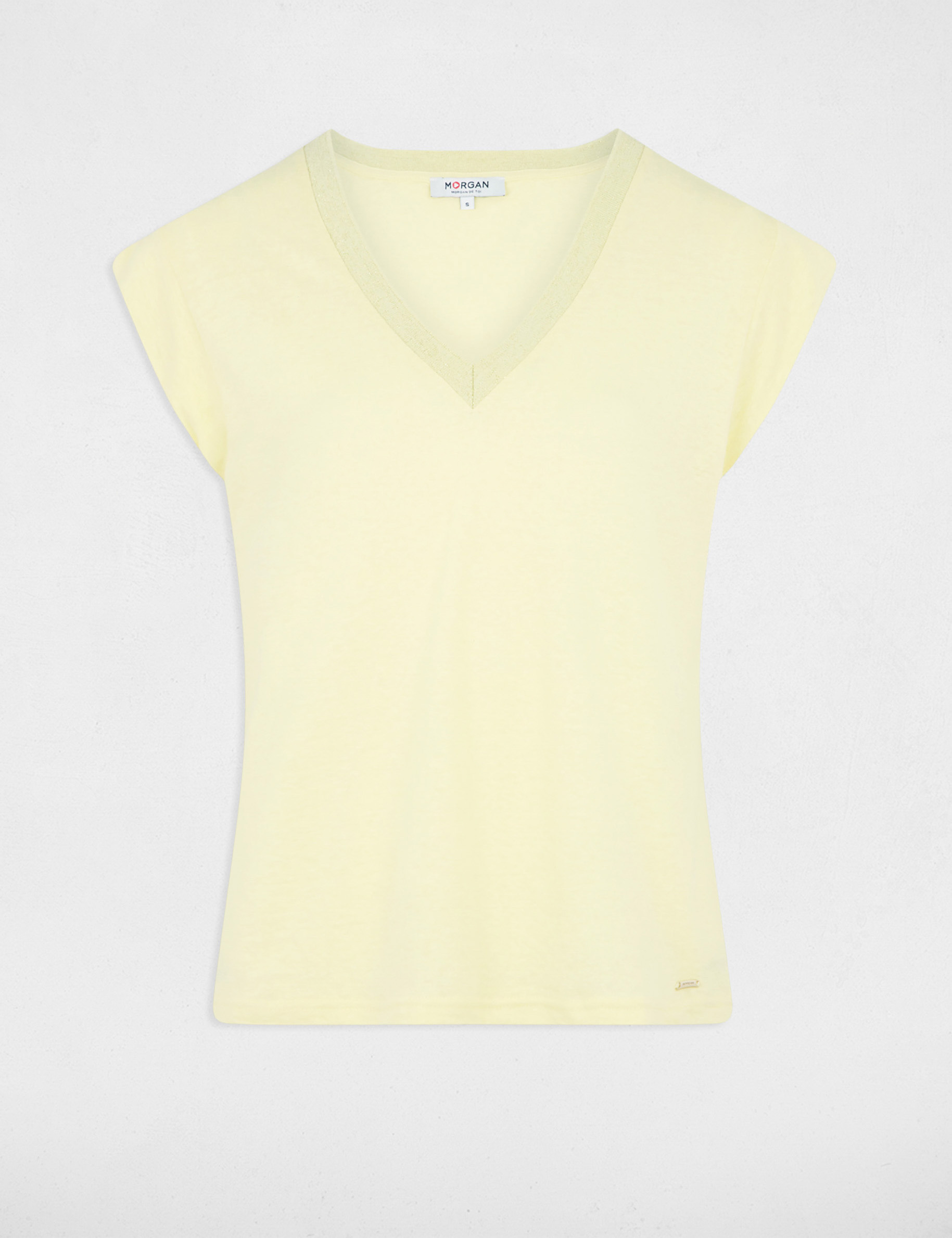 T-shirt manches courtes à col en V jaune clair femme