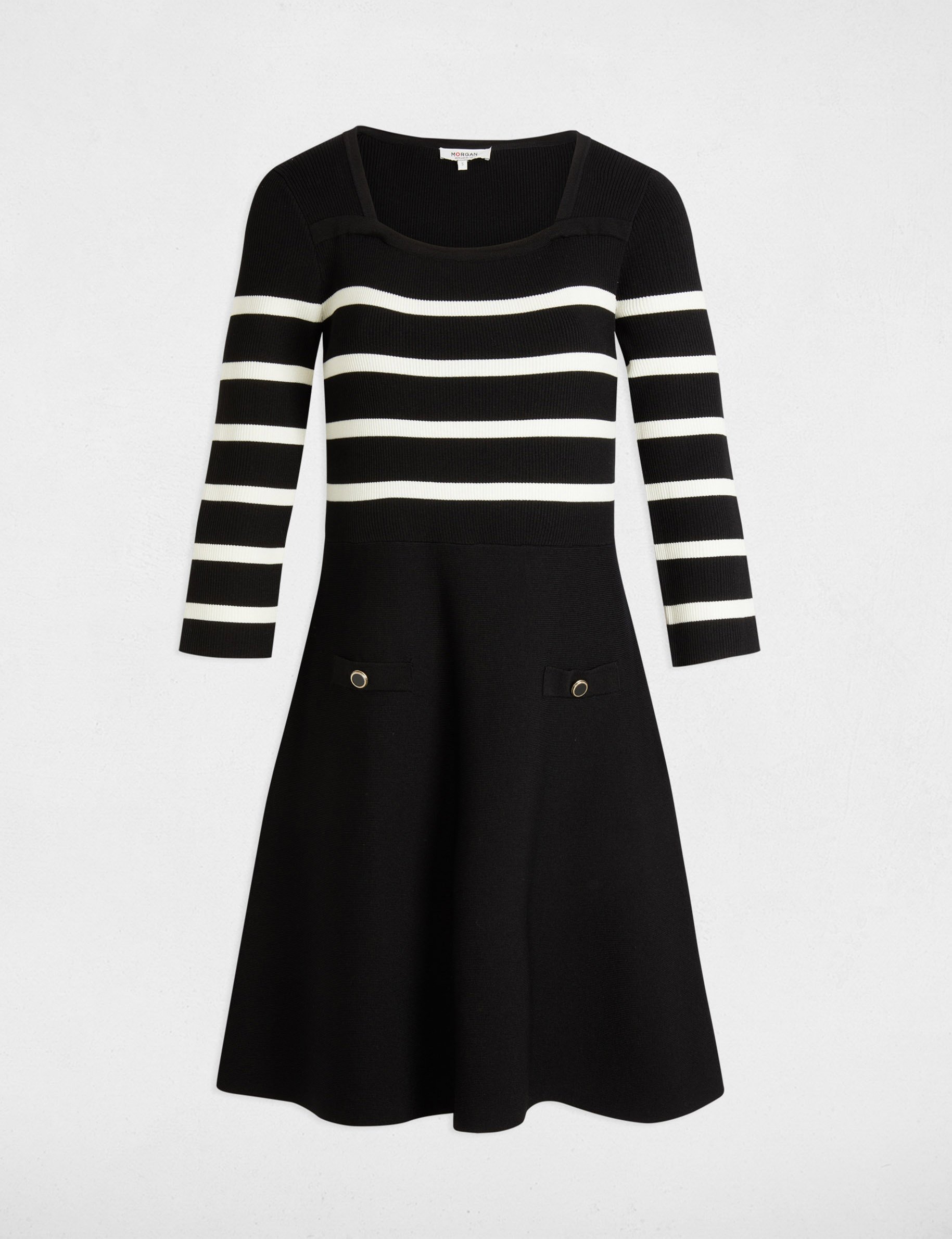 Robe tricot trapéze à rayures noir femme