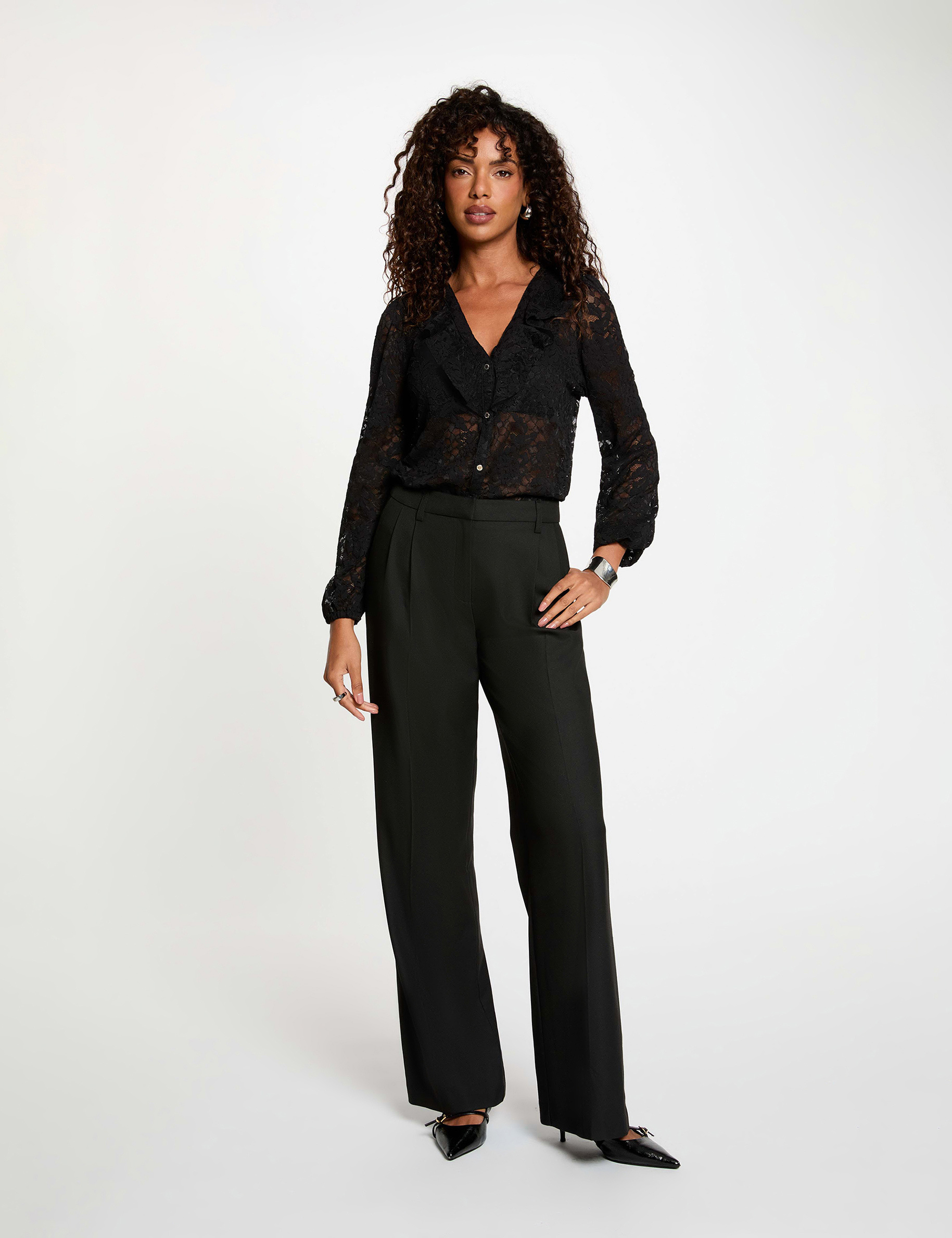 Kant blouse met V-hals zwart vrouw