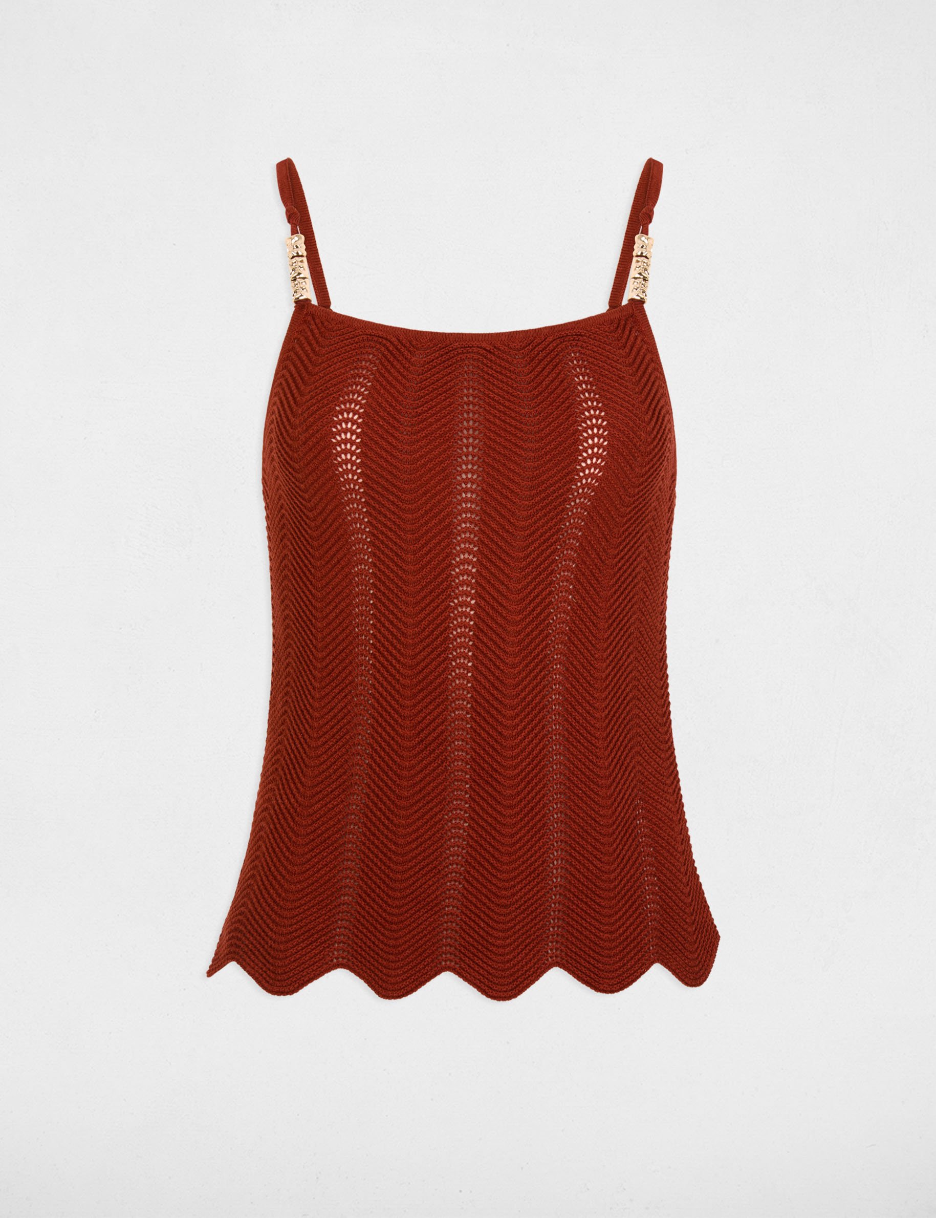 Gebreide top met fijne bandjes cognacbruin vrouw