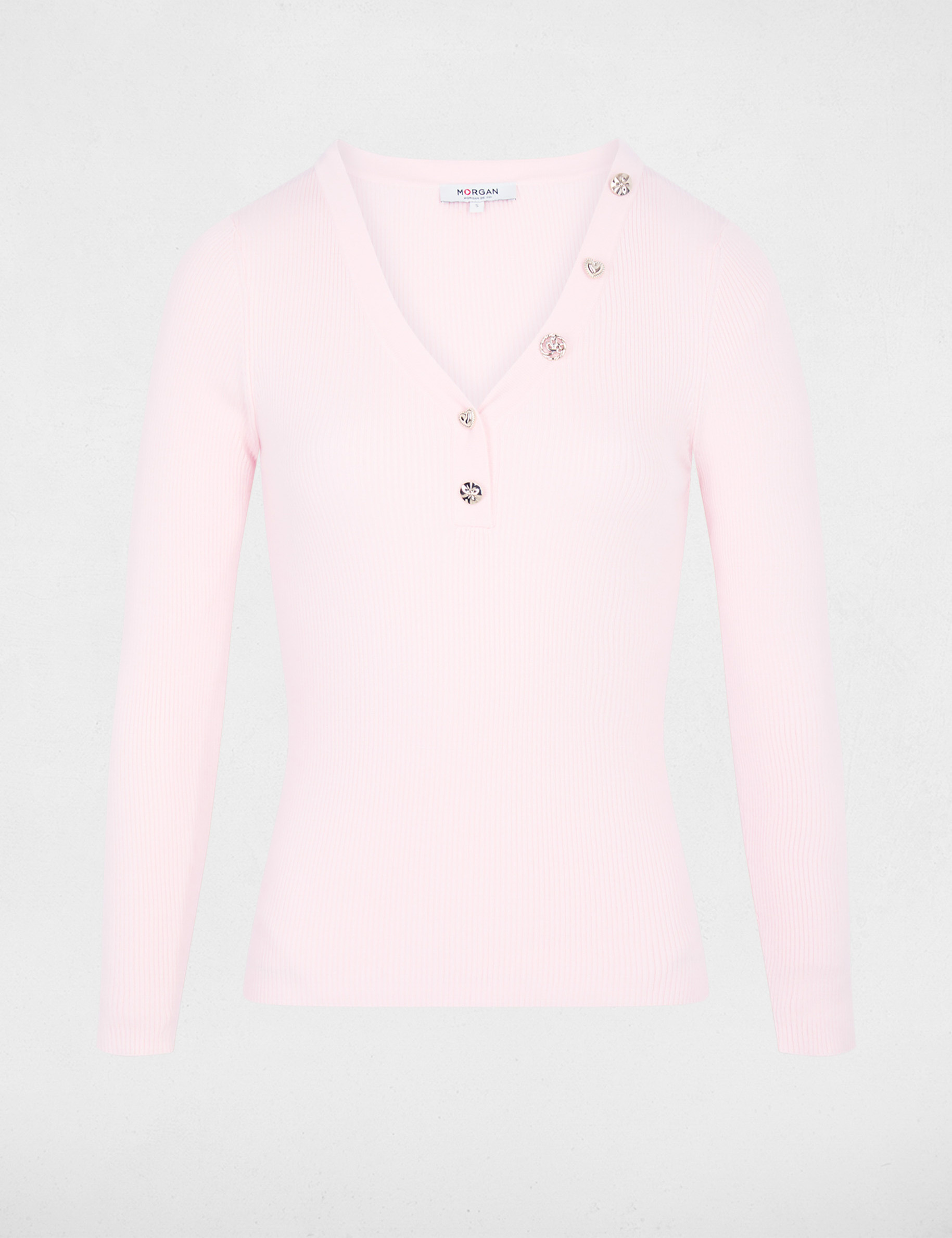 Pull col v fantaisie rose clair femme