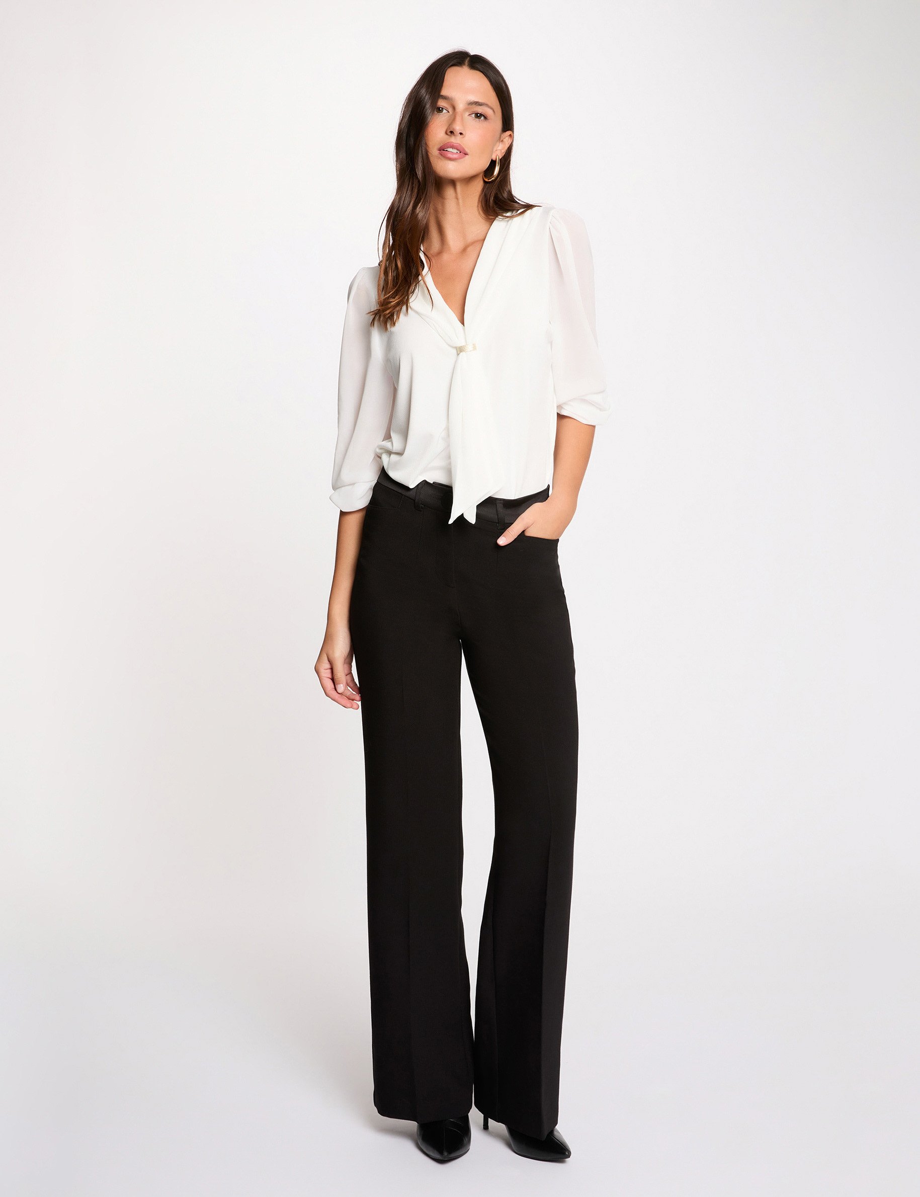 T-shirt voile col lavalli&egrave;re blanc femme