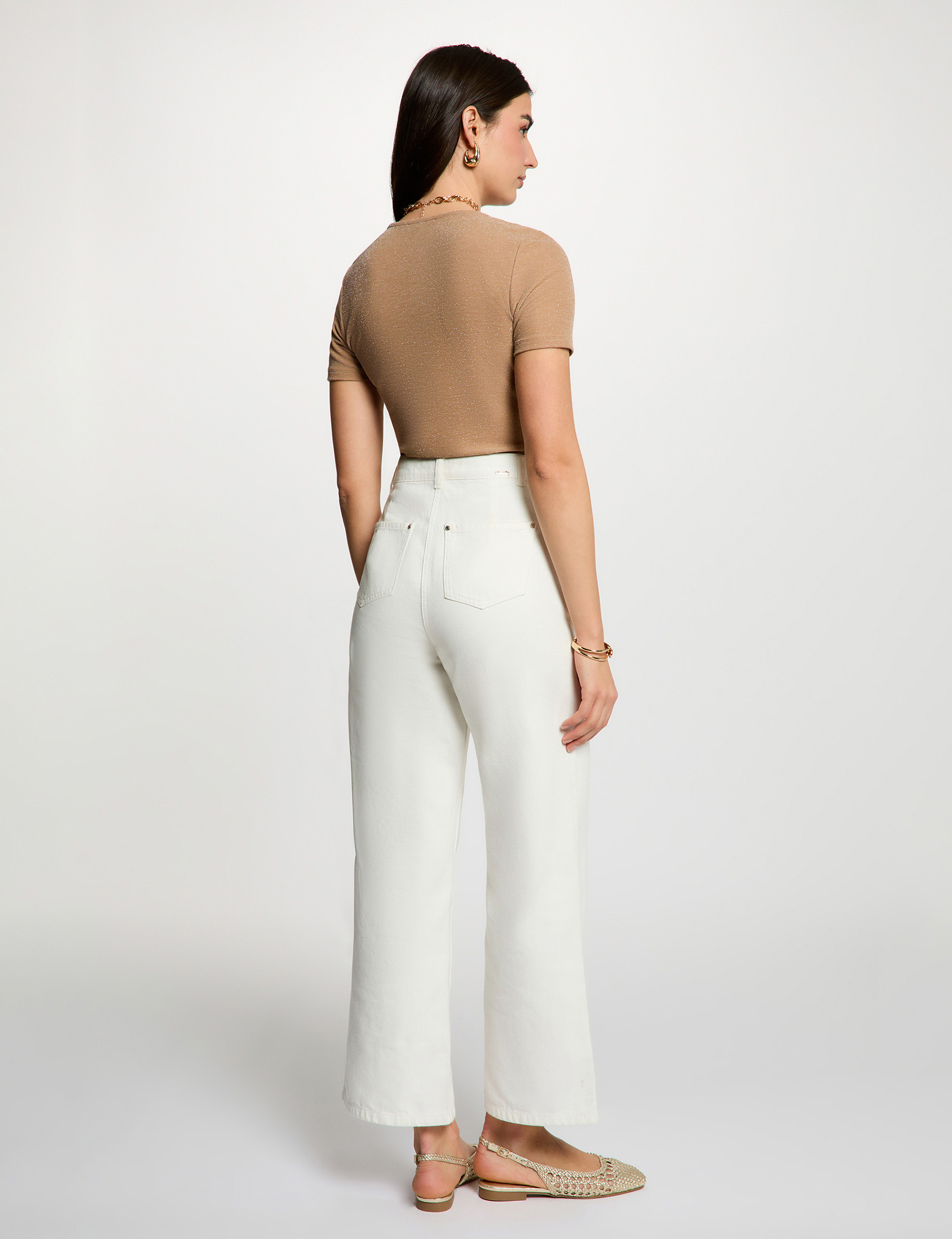 Getailleerd V-hals T-shirt beige vrouw