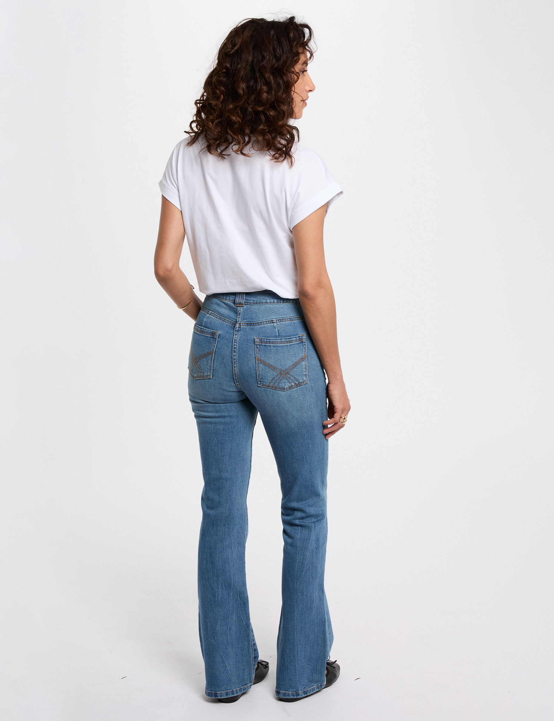 Bootcut broek met borduursels stone washed denim vrouw