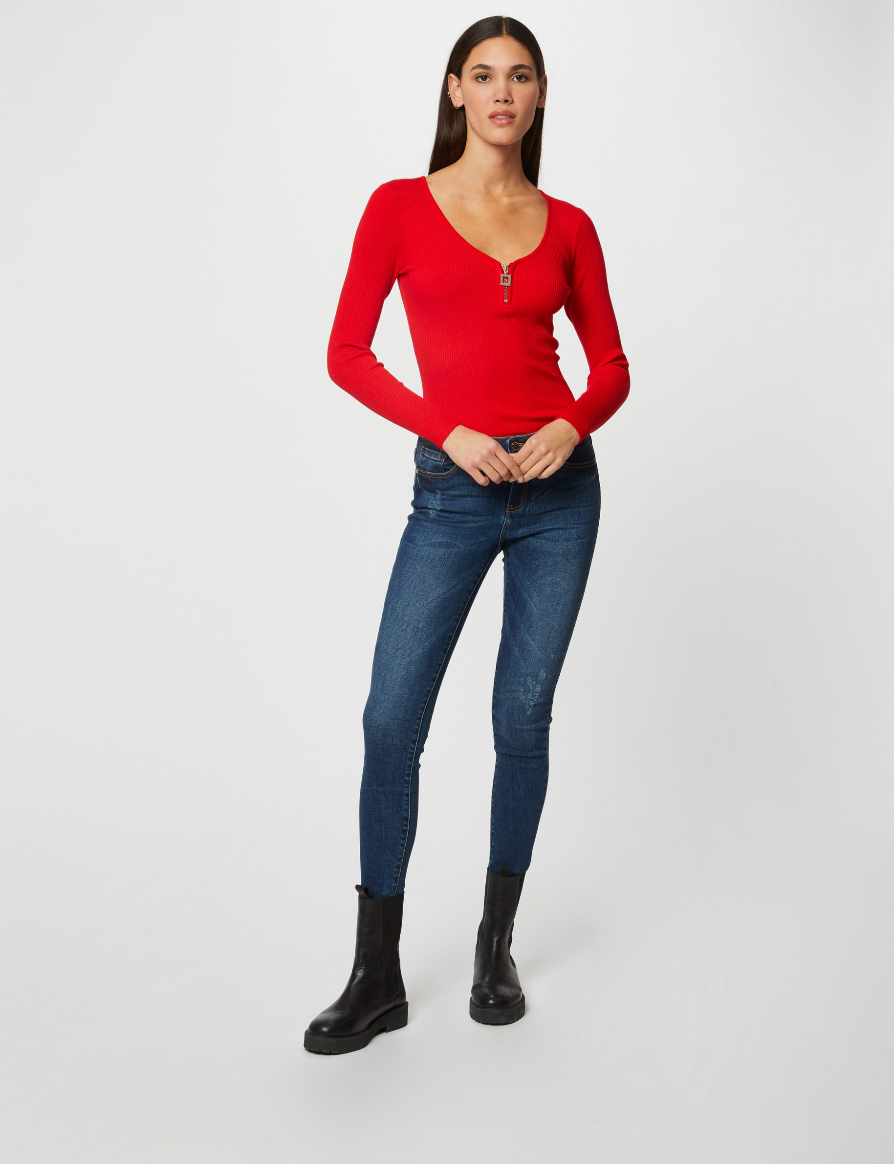 Pull manches longues avec d&eacute;tail zipp&eacute; rouge femme