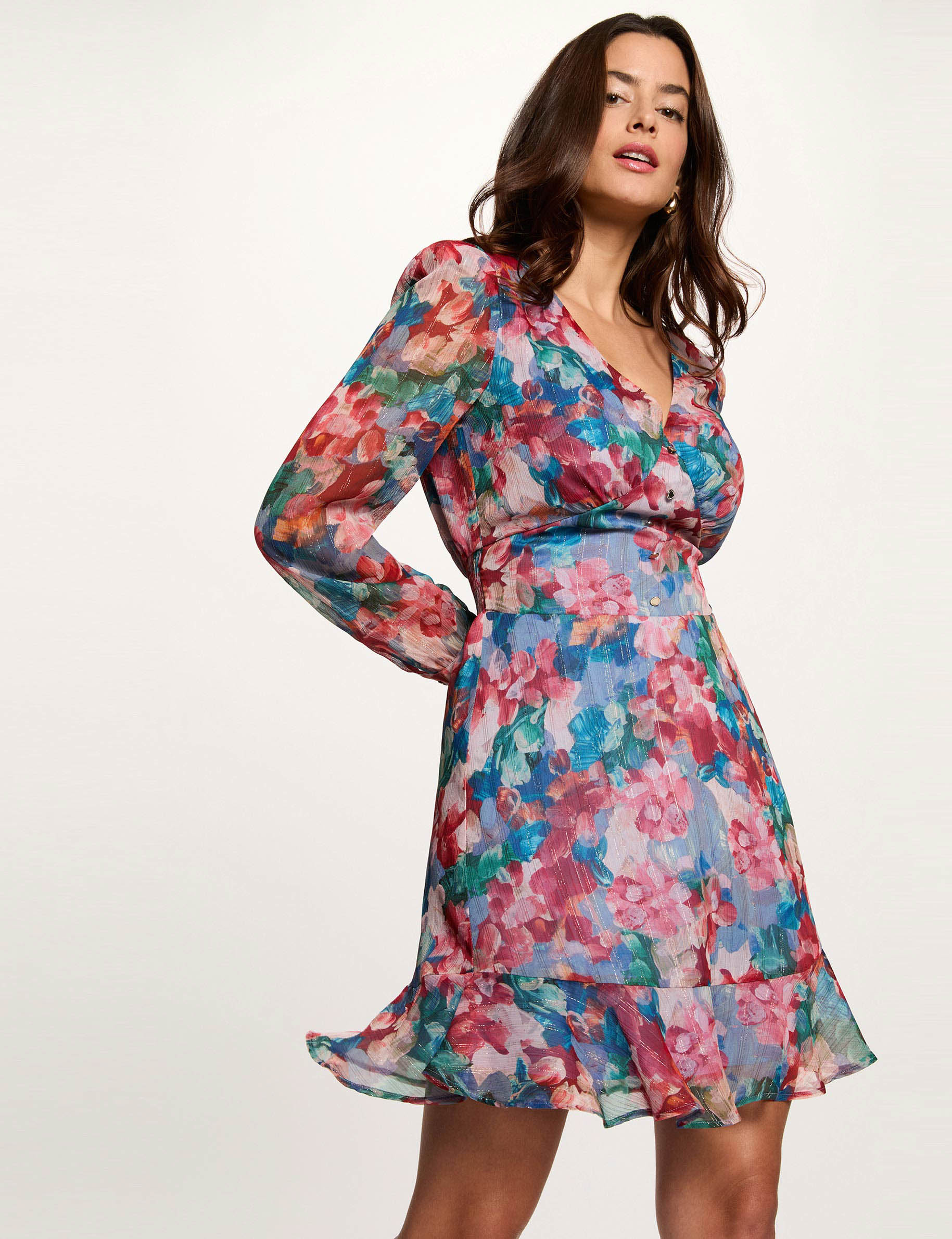 Robe courte col v multicolore femme