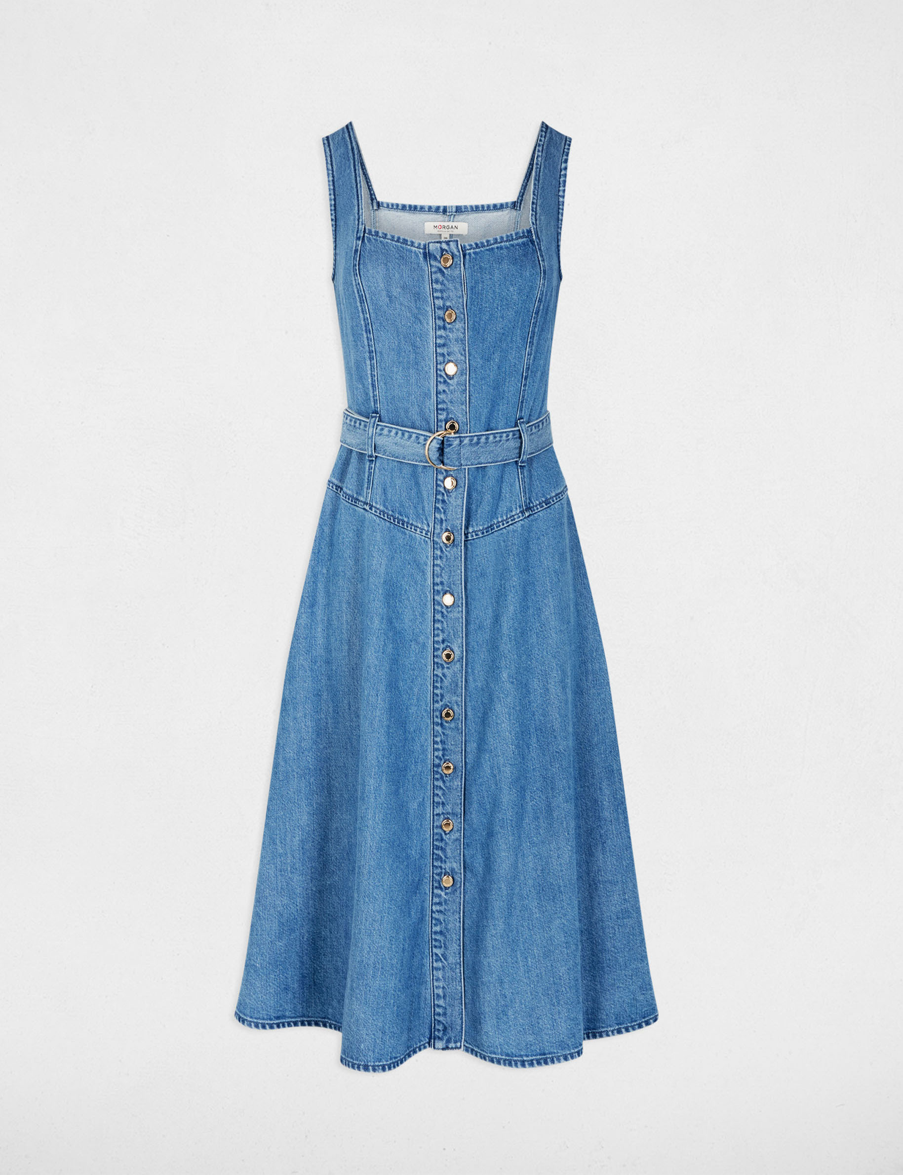 Robe mi-longue encolure carr&eacute;e denim stone femme