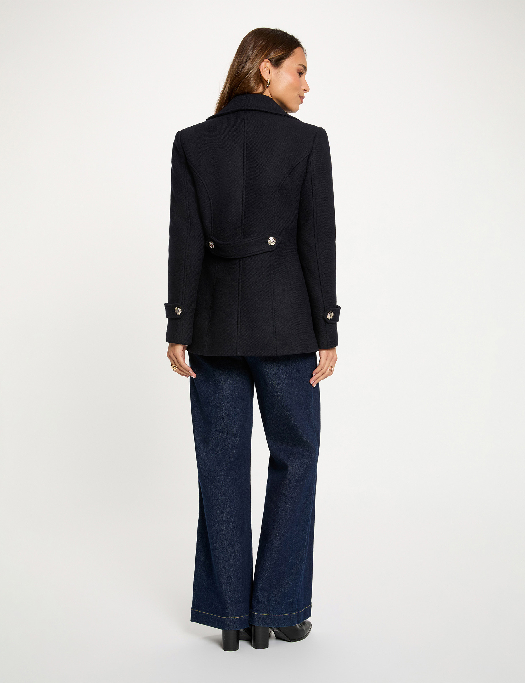 Manteau droit col tailleur bleu marine femme
