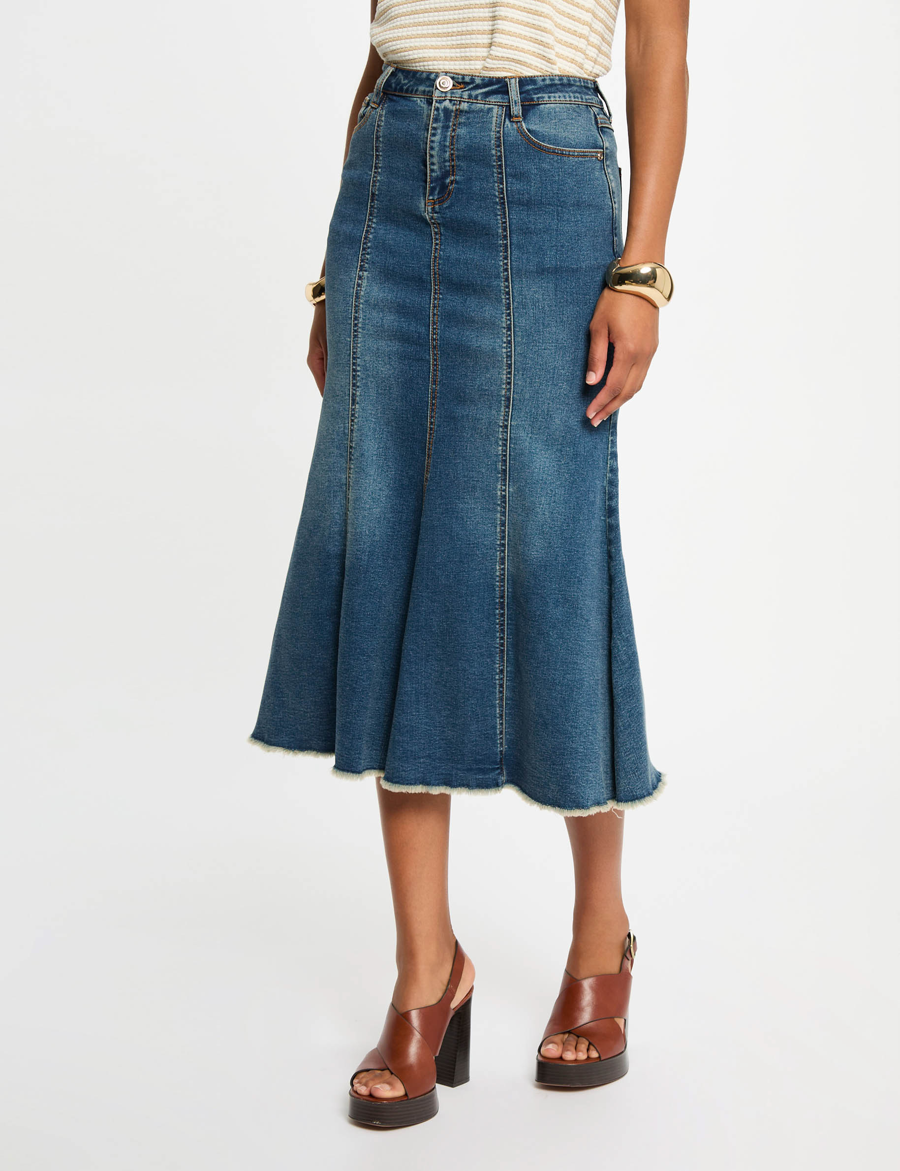 Jupe midi ajustée en jean denim stone femme