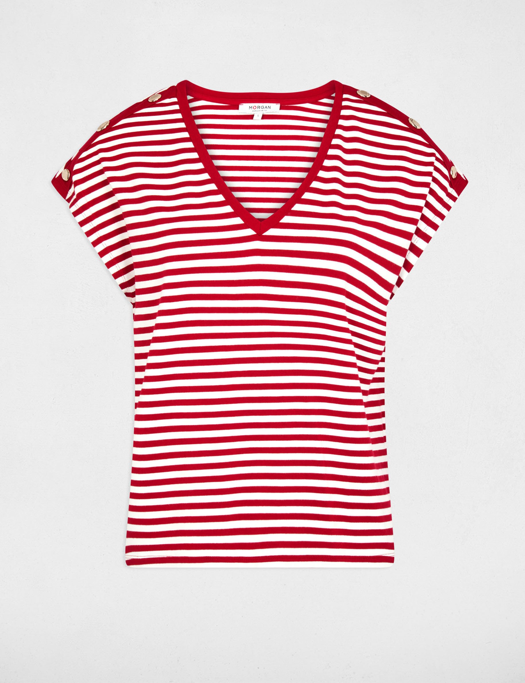 Gestreept V-hals T-shirt helder wit vrouw