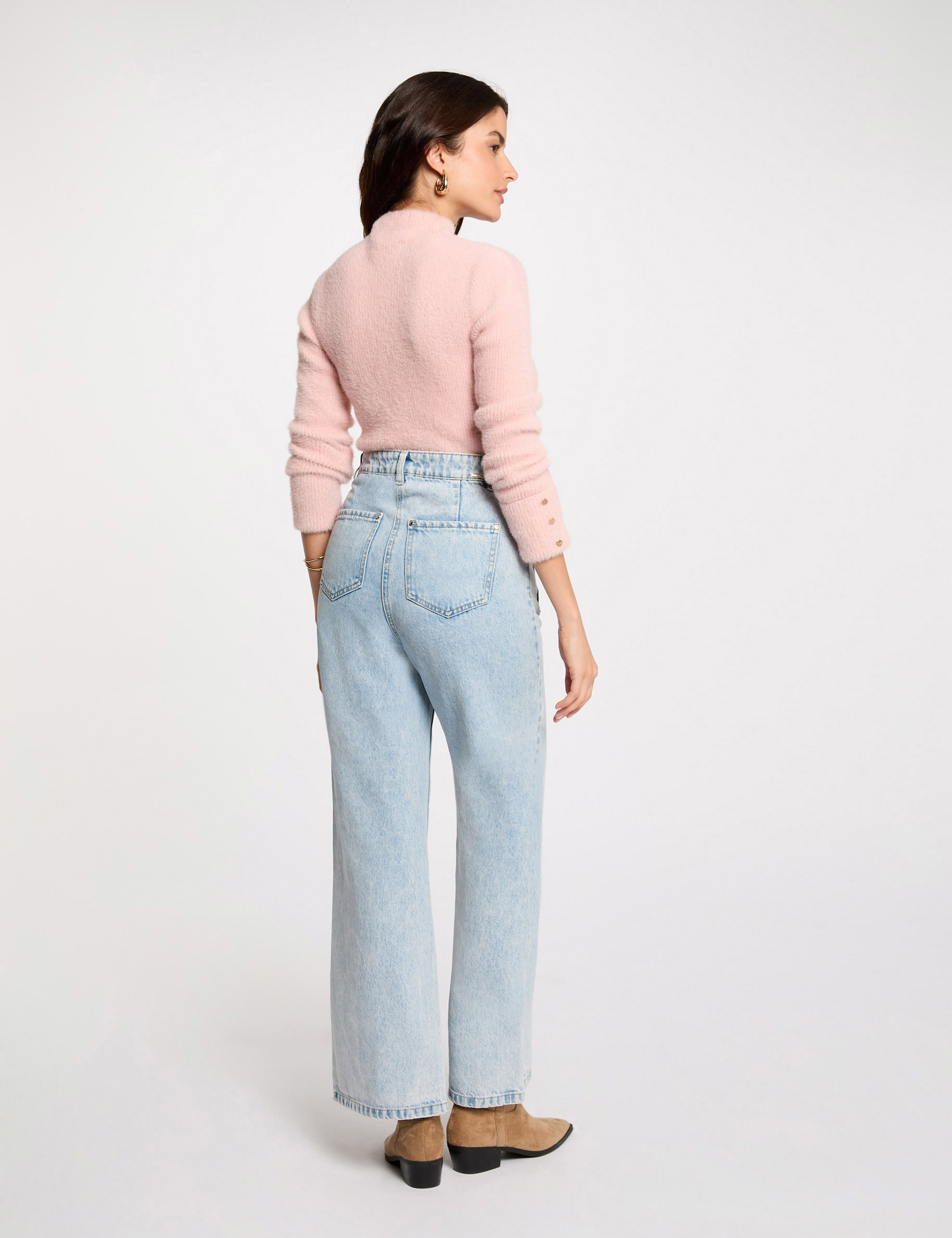 Pull manches longues maille duveteuse rose clair femme