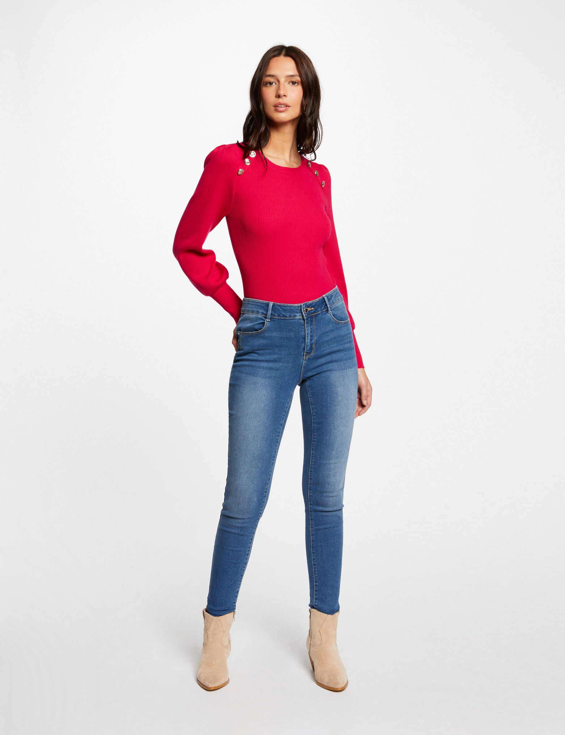 Pull manches longues avec boutons fuchsia femme