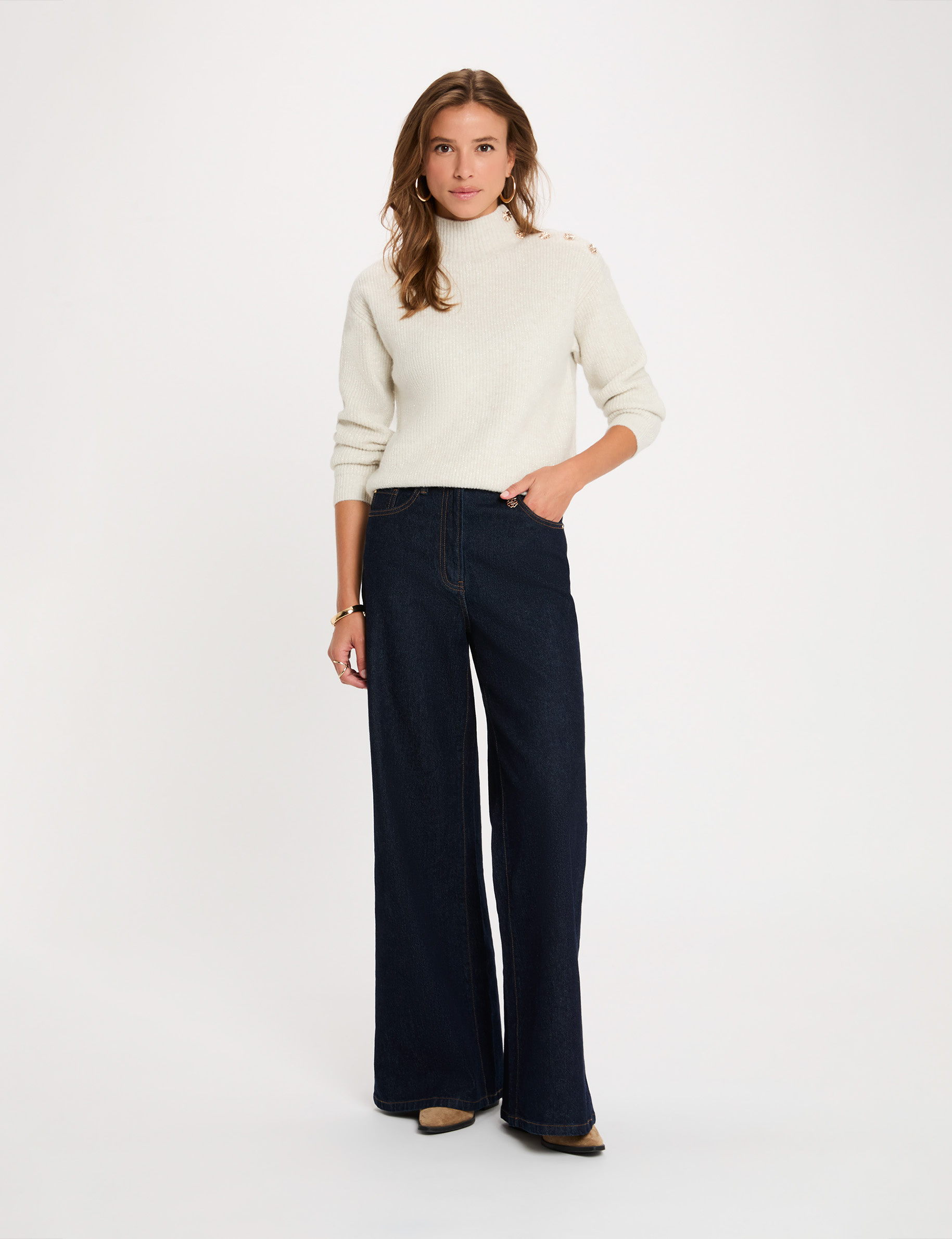 Pull col montant ivoire femme