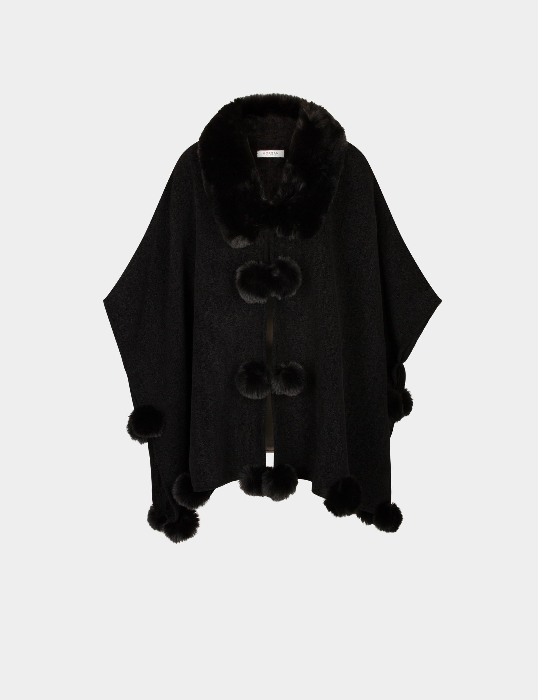 Poncho met pompons zwart vrouw