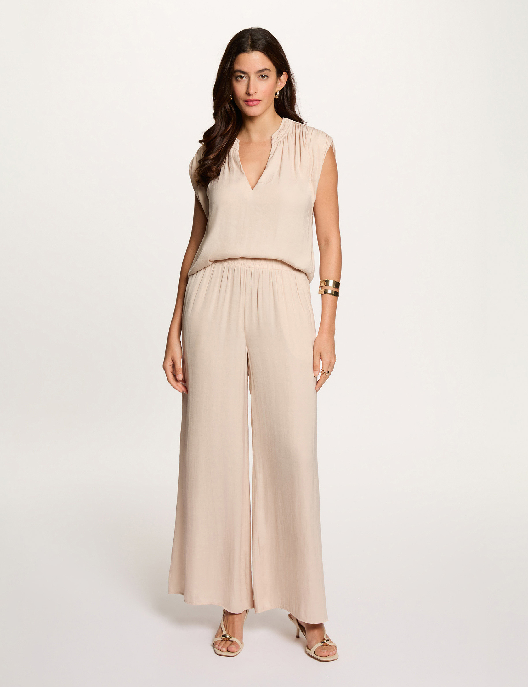 Pantalon large fluide beige clair femme