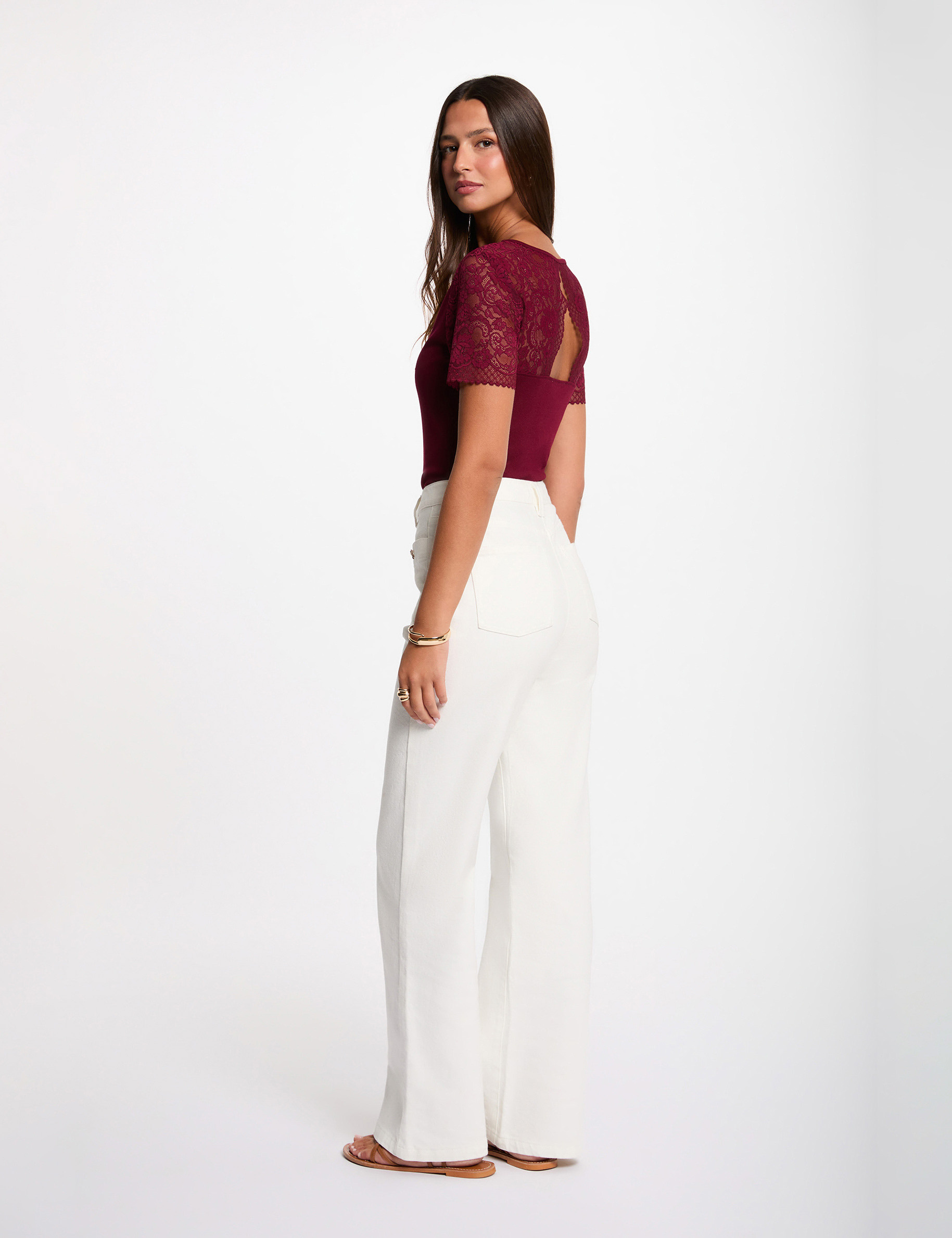 Kant T-shirt met V-hals bordeaux vrouw