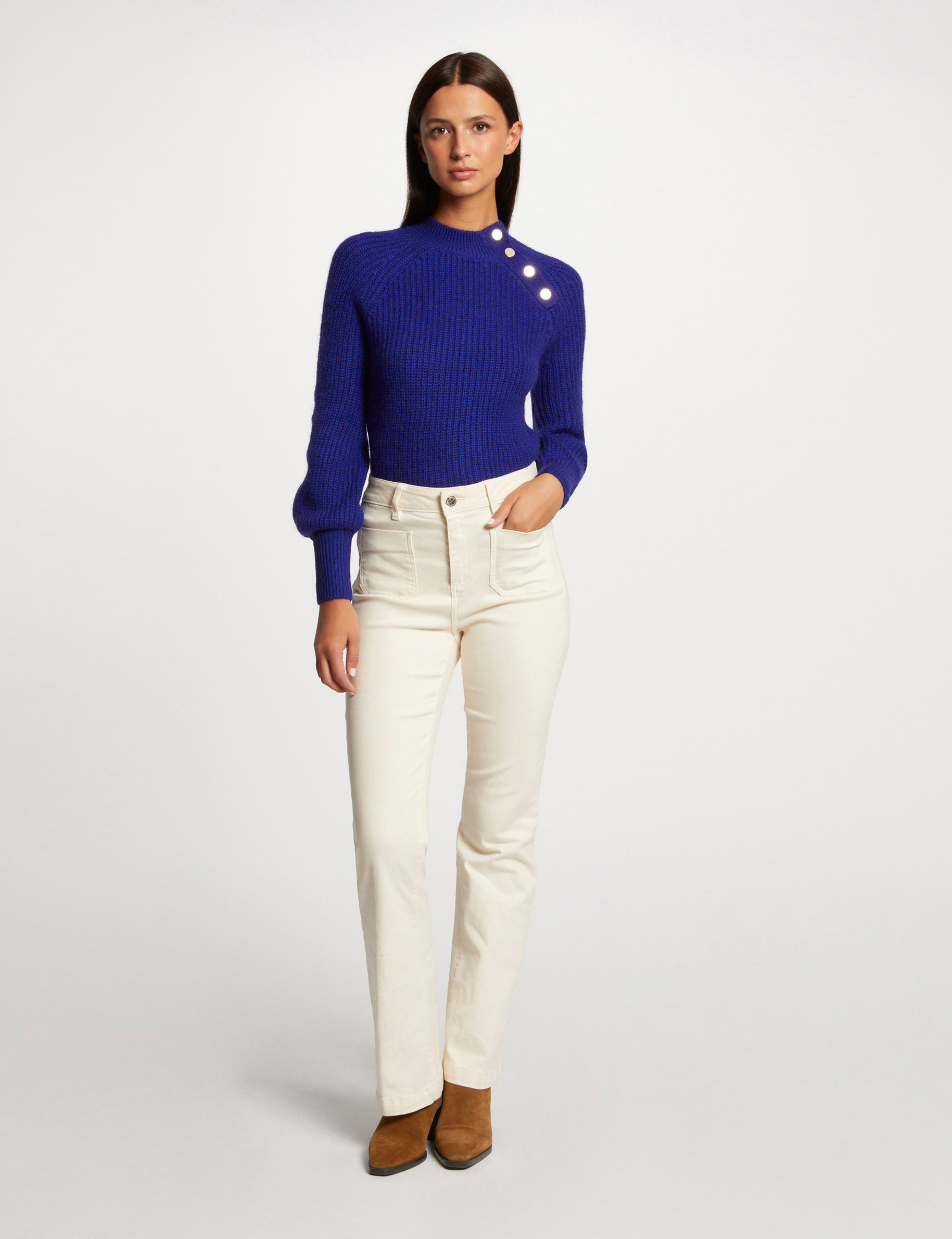 Pull manches longues col montant bleu femme