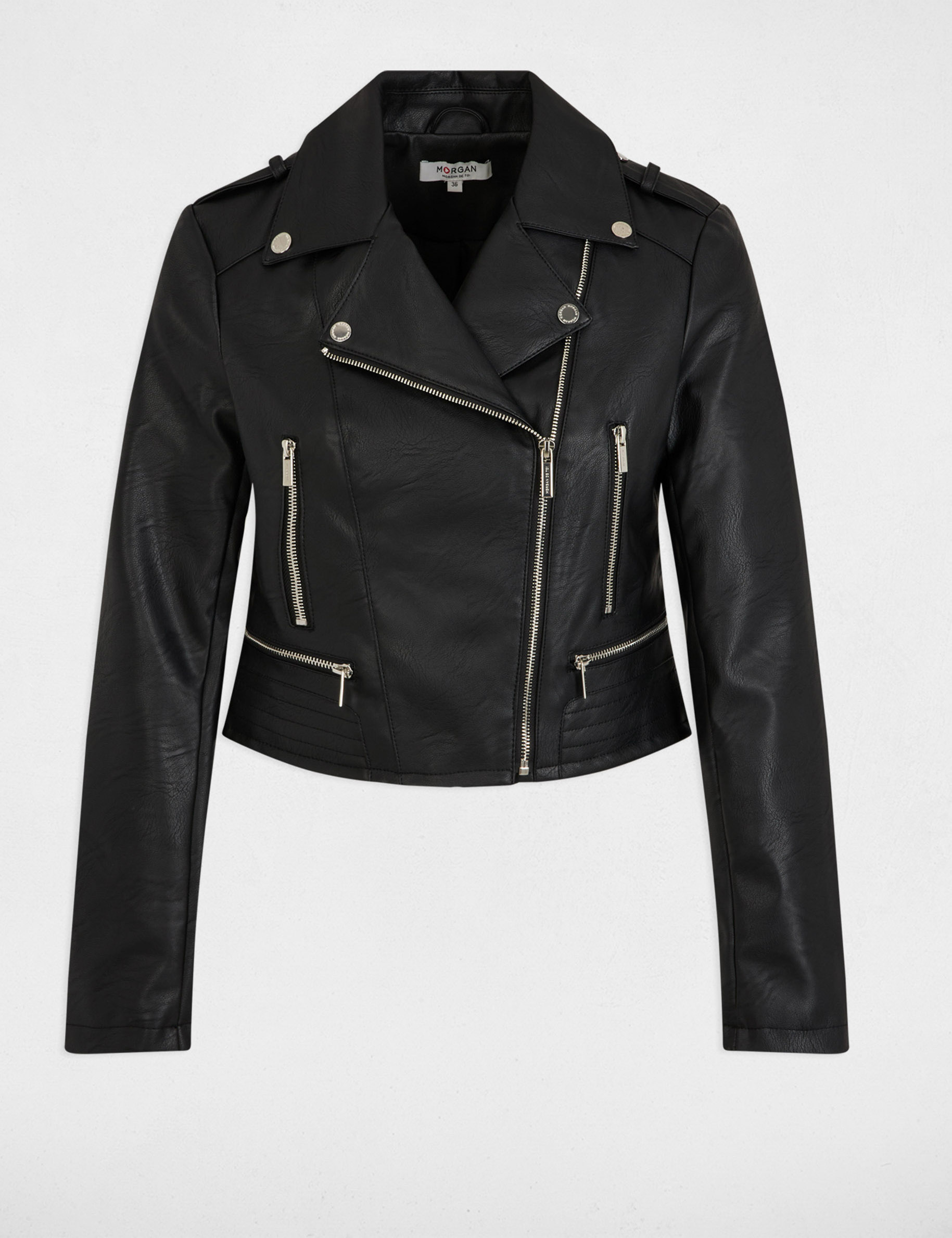 blouson droit avec col crante a revers noir femme Blouson droit avec col cranté à revers noir femme