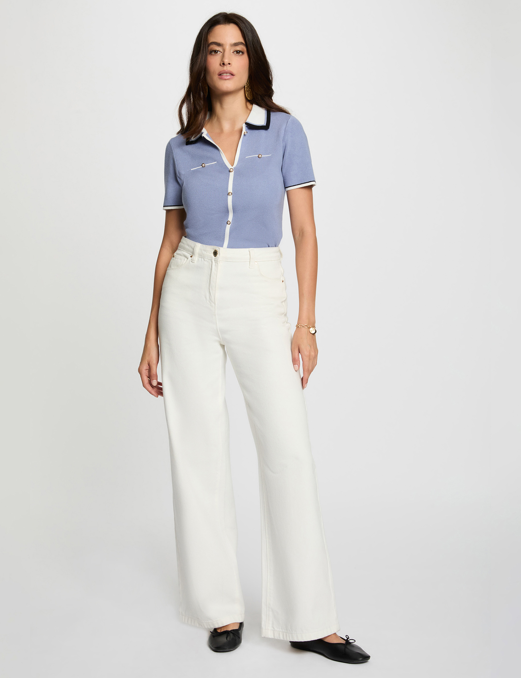 Pull col polo manches courtes bleu femme