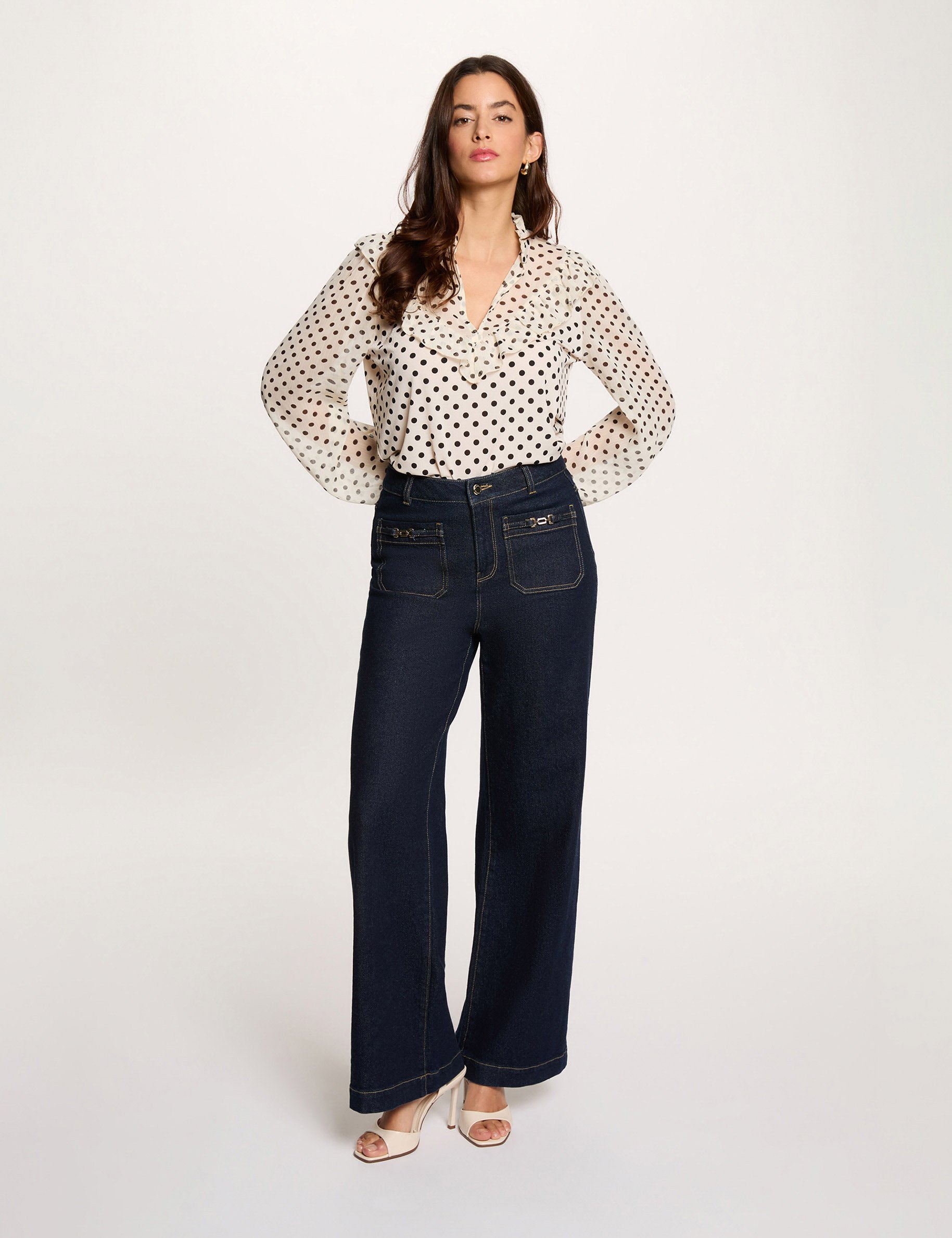 T-shirt van voile met V-hals helder wit vrouw