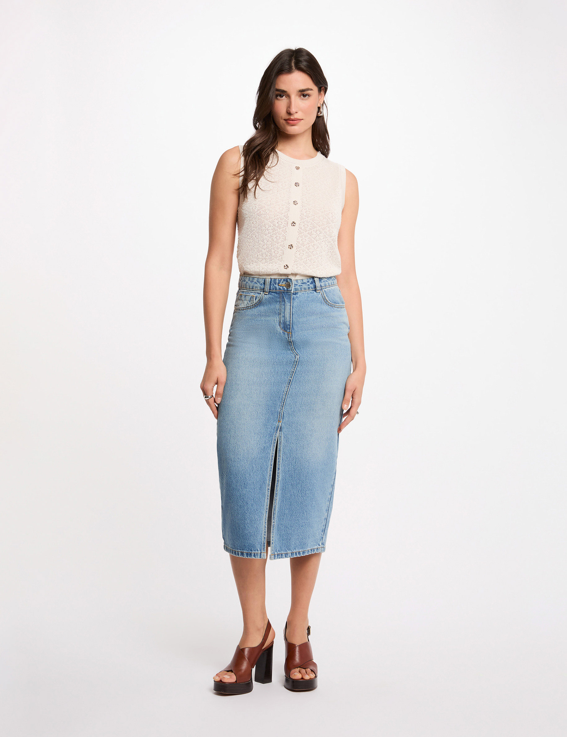 Mouwloos vest met ronde hals ivoor vrouw