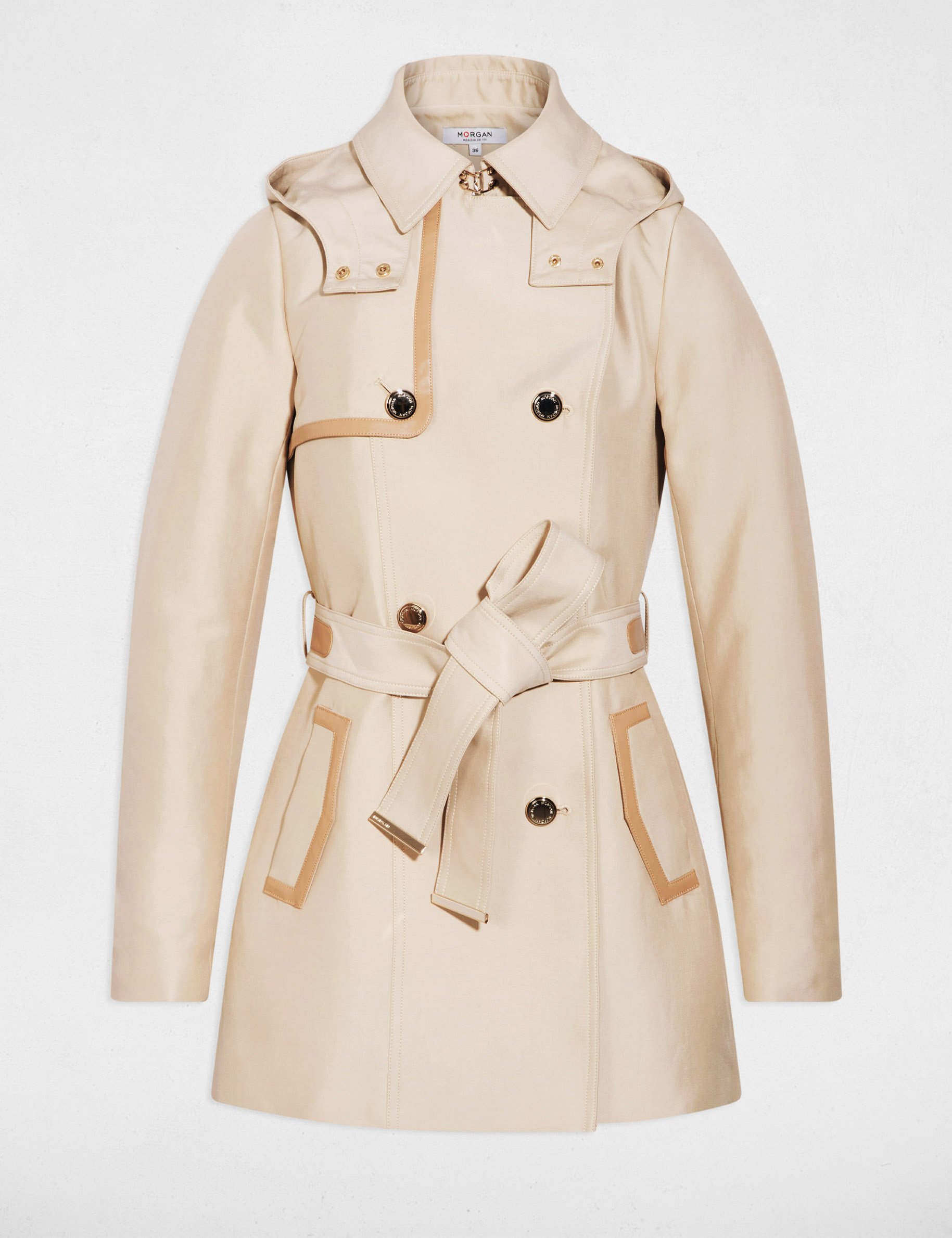 Trench mi-long &agrave; capuche beige femme